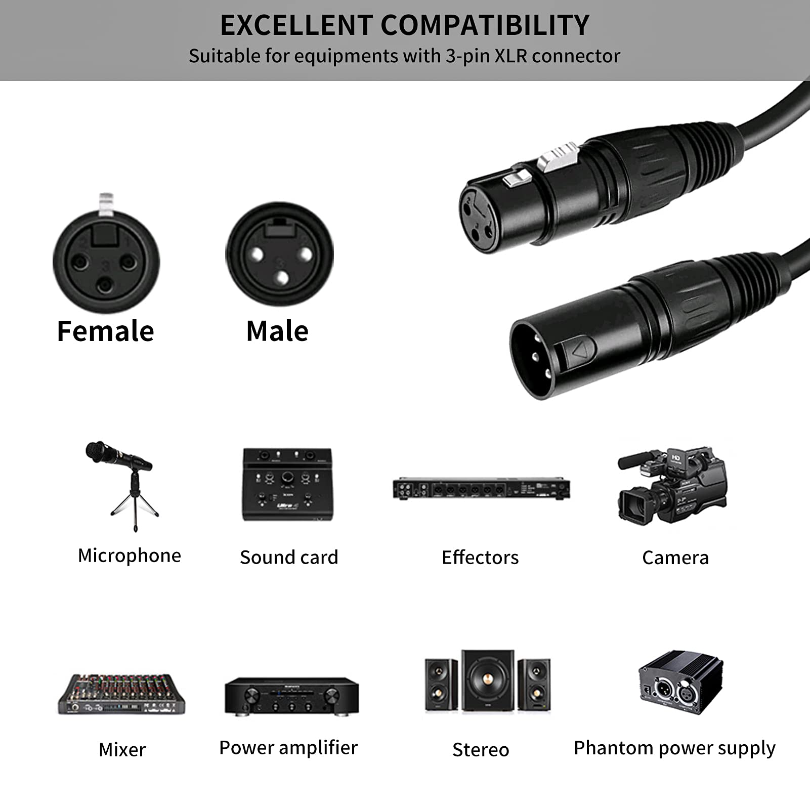 VANDESAIL XLR Cable, 3ft 2 Pack Microphone Cable, XLR Male to Female Balanced Microphone Cord 3 pin, Short 3 Foot Mic Cords, Audio Mic Extension Patch Cable 3 feet (3 Foot, Black)