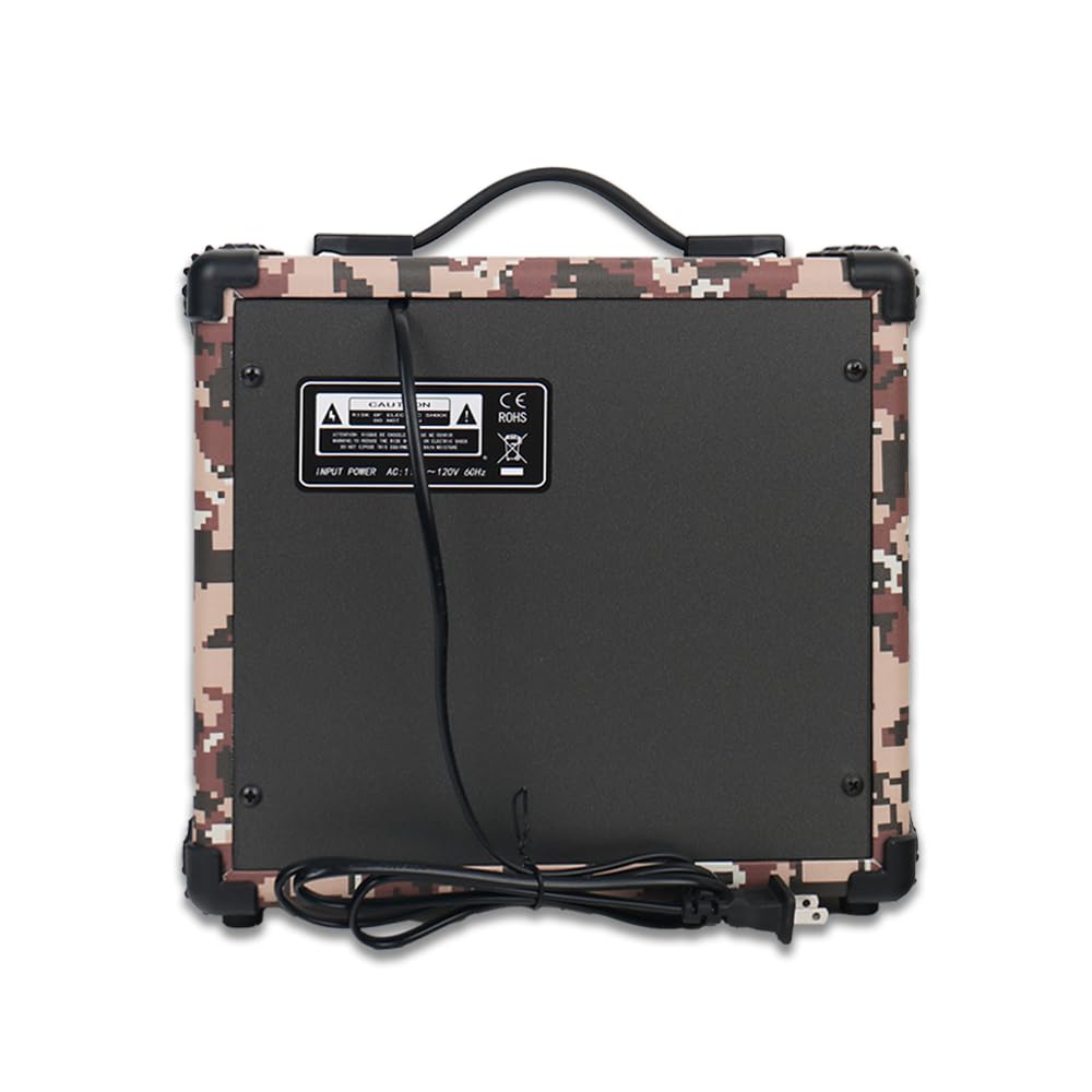 Electric Bass Guitar Amplifier Pixel Camo 20W Amp Peach Pink Color Aux Input Treble Middle Bass Headphone Power 6.5Inch Speaker Portable Size for Starter Beginner Practice Home and Outside