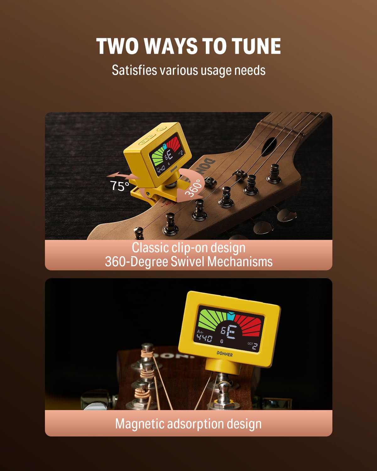 Donner Guitar Tuner Clip on Magnetic Tuner DT-10, Yellow