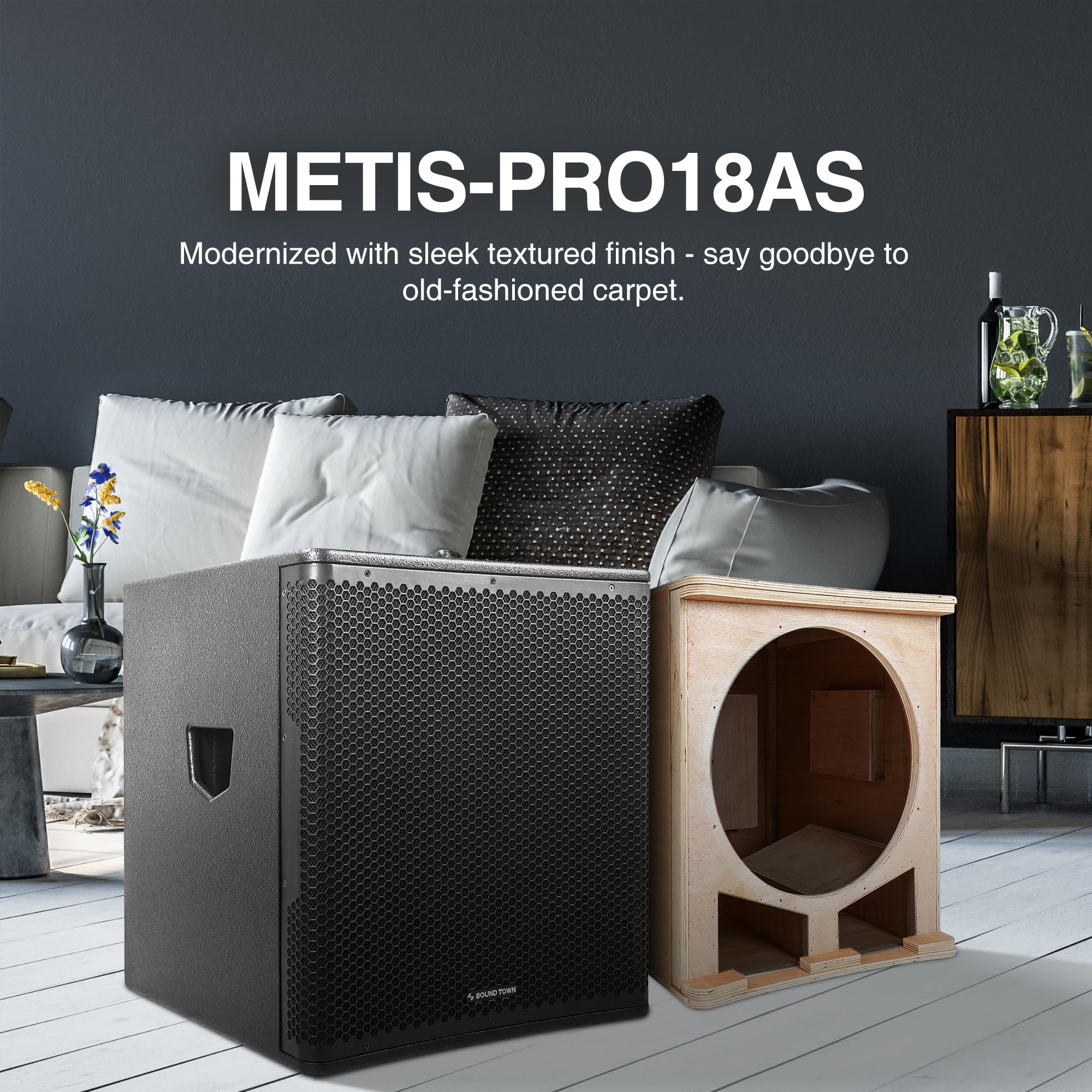 Sound Town METIS Series 2400 Watts 18″ Powered PA/DJ Subwoofer with Class-D Amplifier, Birch Plywood, Black (METIS-PRO18AS)
