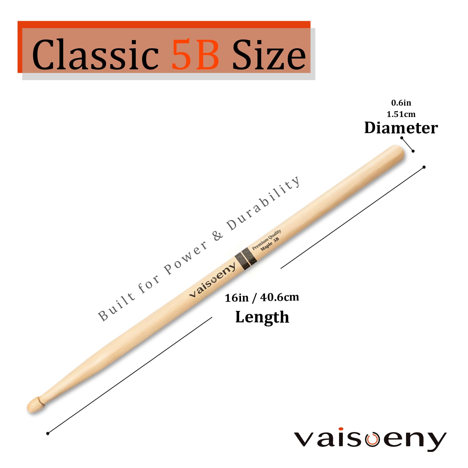 VAISOENY Drum Sticks, Maple Wood 5B Drumsticks with Teardrop Tip, 12 Pairs