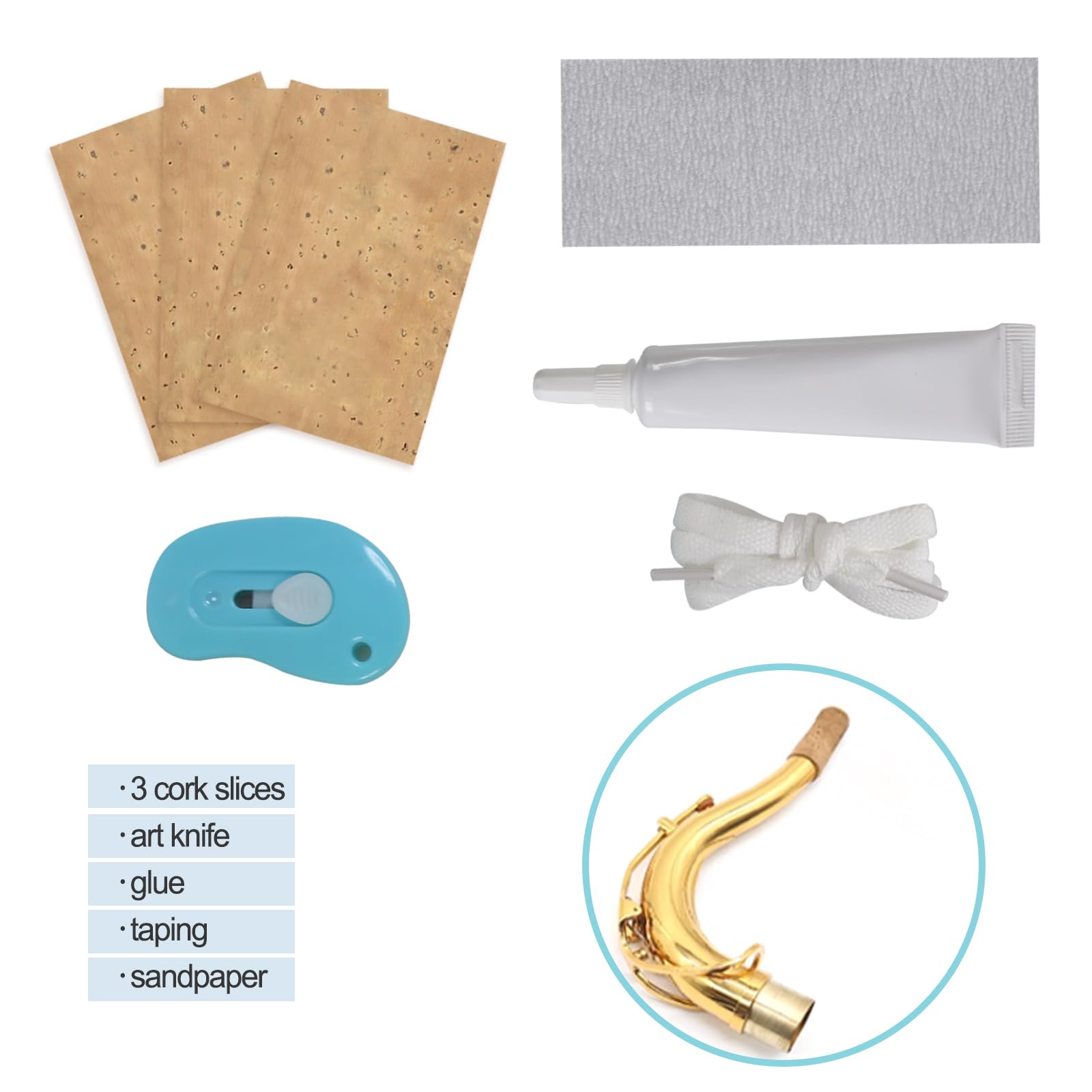 Tenor Saxophone Sax Joint Cork Replacement Kit, Saxophone Cork, Glue, Knife, Taping and Sandpaper