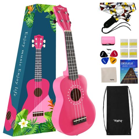 VANPHY Soprano Ukulele for Kids 21 Inch Ukelele with Bag Strap Picks Songbook Cleaning Cloth Suitable for Adults and Beginners（Light Pink）
