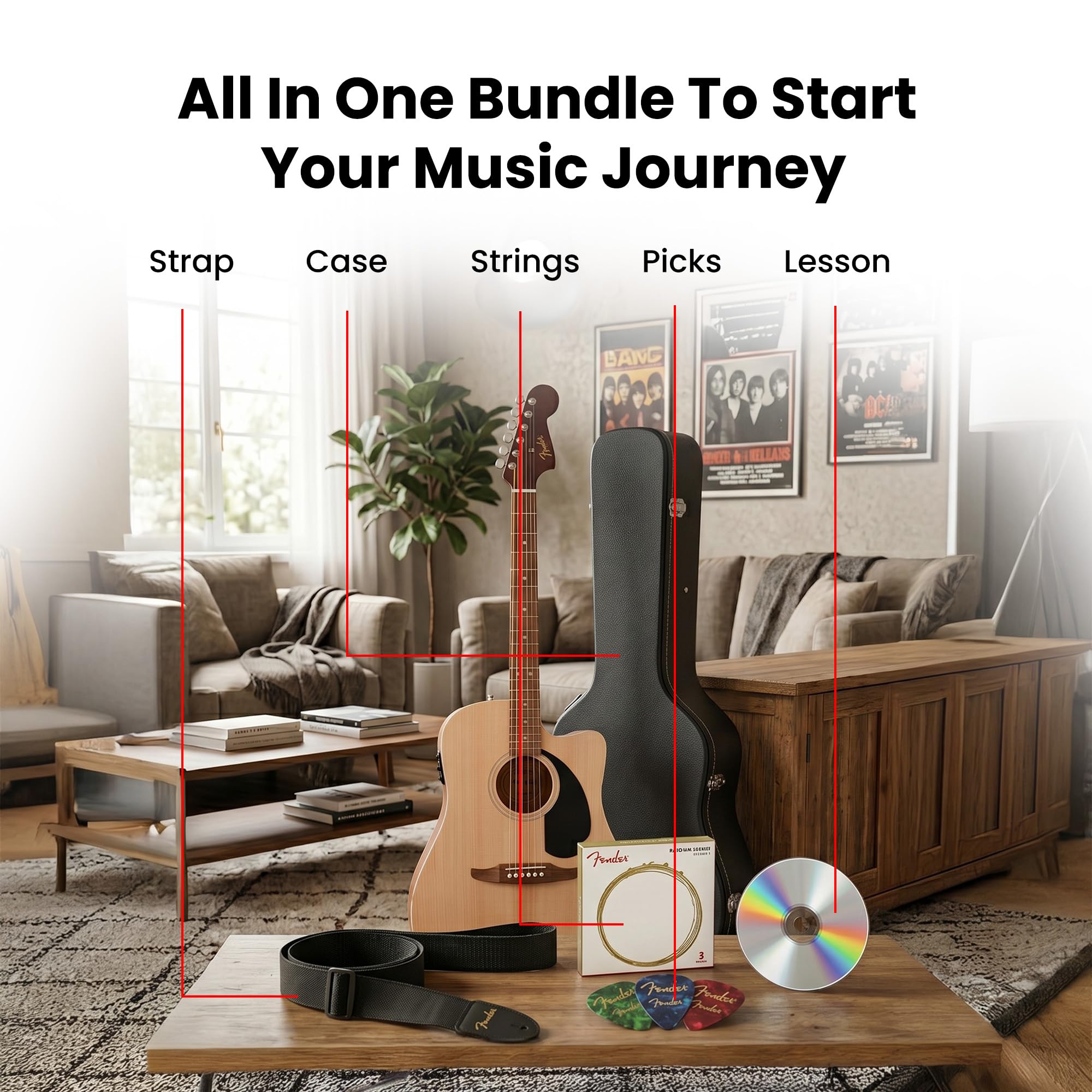 Fender Redondo CE Acoustic-Electric Guitar – Natural Bundle with Hard Case, Strap, Strings, Picks, and Austin Bazaar Instructional Video