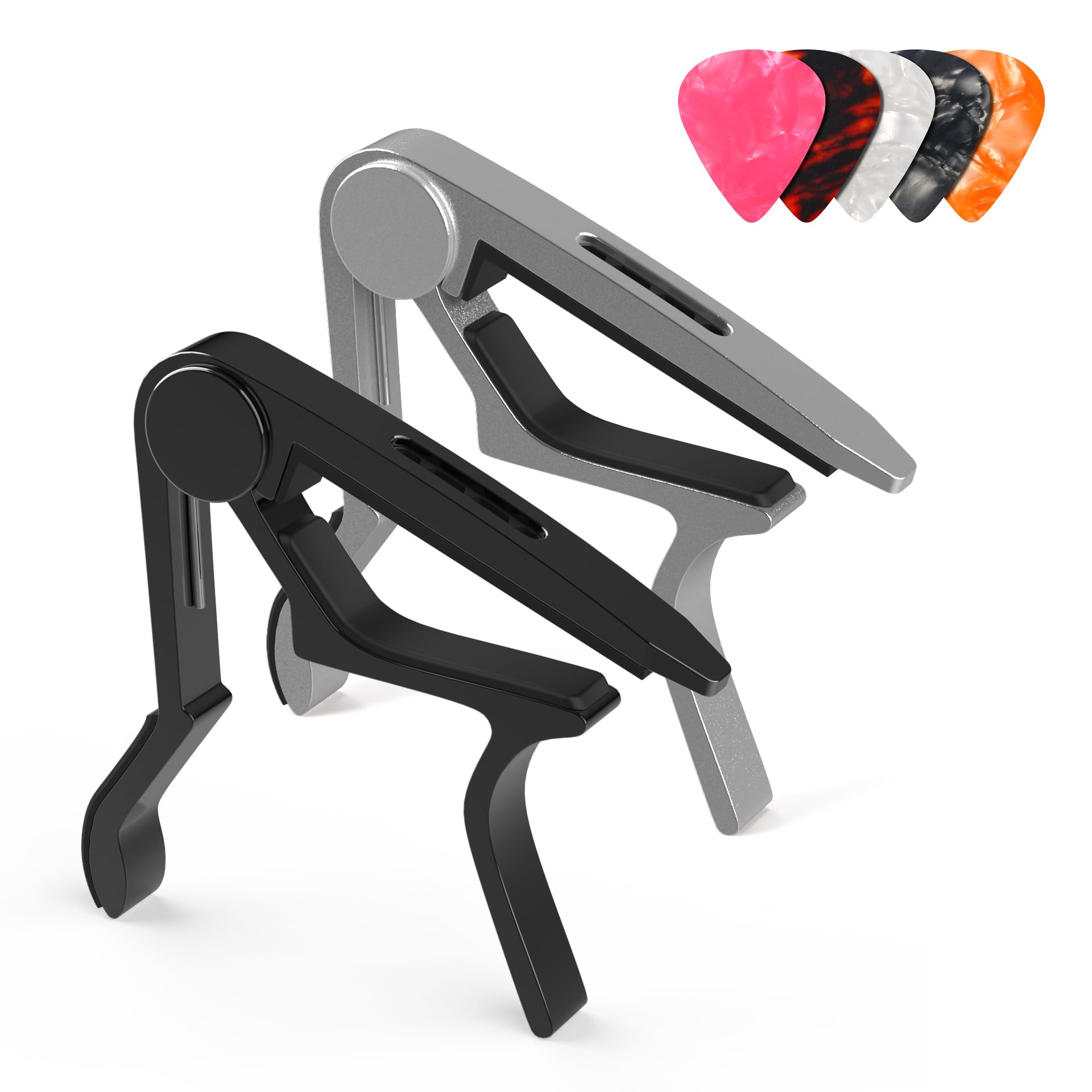 Capo, Guitar Capo with Pick Holder and 5 Picks, Guitar Clamp, Guitar Kapo, Capo for Acoustic & Electric Guitar, Ukulele, Banjo, Mandolin (Black & Silver)