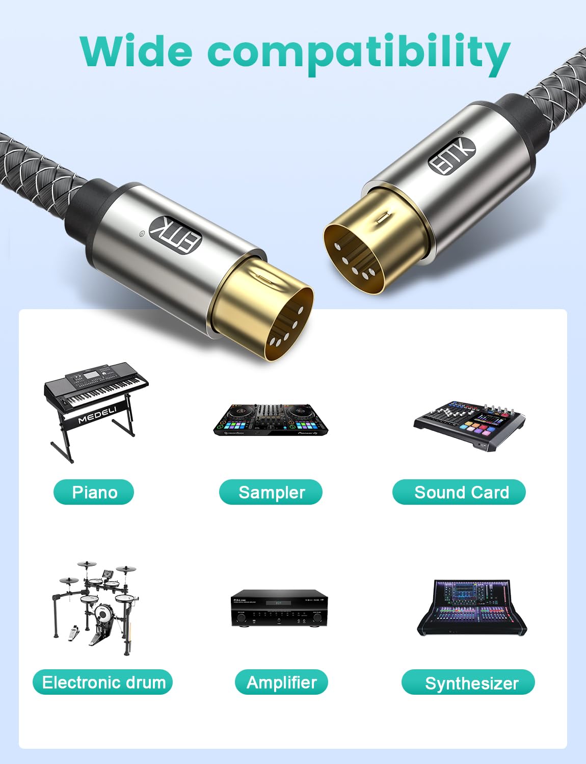 EMK Premium 5-Pin MIDI Cable (1 PCS, 8Ft/2.4M) – Nylon Braided Durable MIDI to MIDI Cord for Keyboard, Synthesizer, Guitar Pedal, Sampler, Audio Interface, Mixer – Gold-Plated Connectors