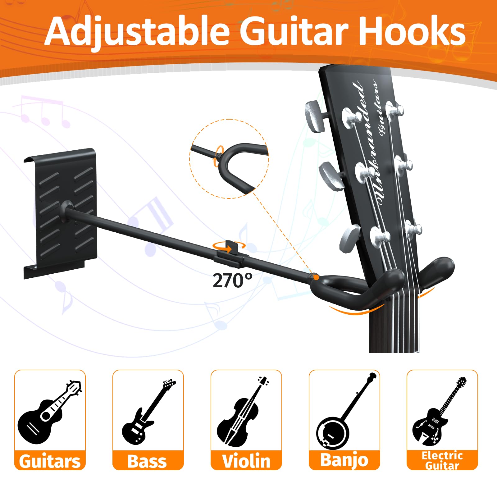 hjooytoi Guitar Wall Mount, Woodgrain Rack with 6 Adjustable Guitar Hangers, Guitar Wall Hanger with Pre-Drilled Holes, 48″ Alloy Steel Multiple Guitar Holder Stand,Black