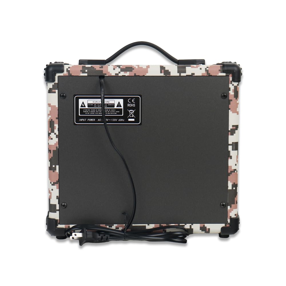 Electric Bass Guitar Amplifier 20W Amp Pixel Camo Color Aux Input Treble Middle Bass Headphone Power 6.5Inch Speaker Portable Size for Starter Beginner Practice Home and Outside