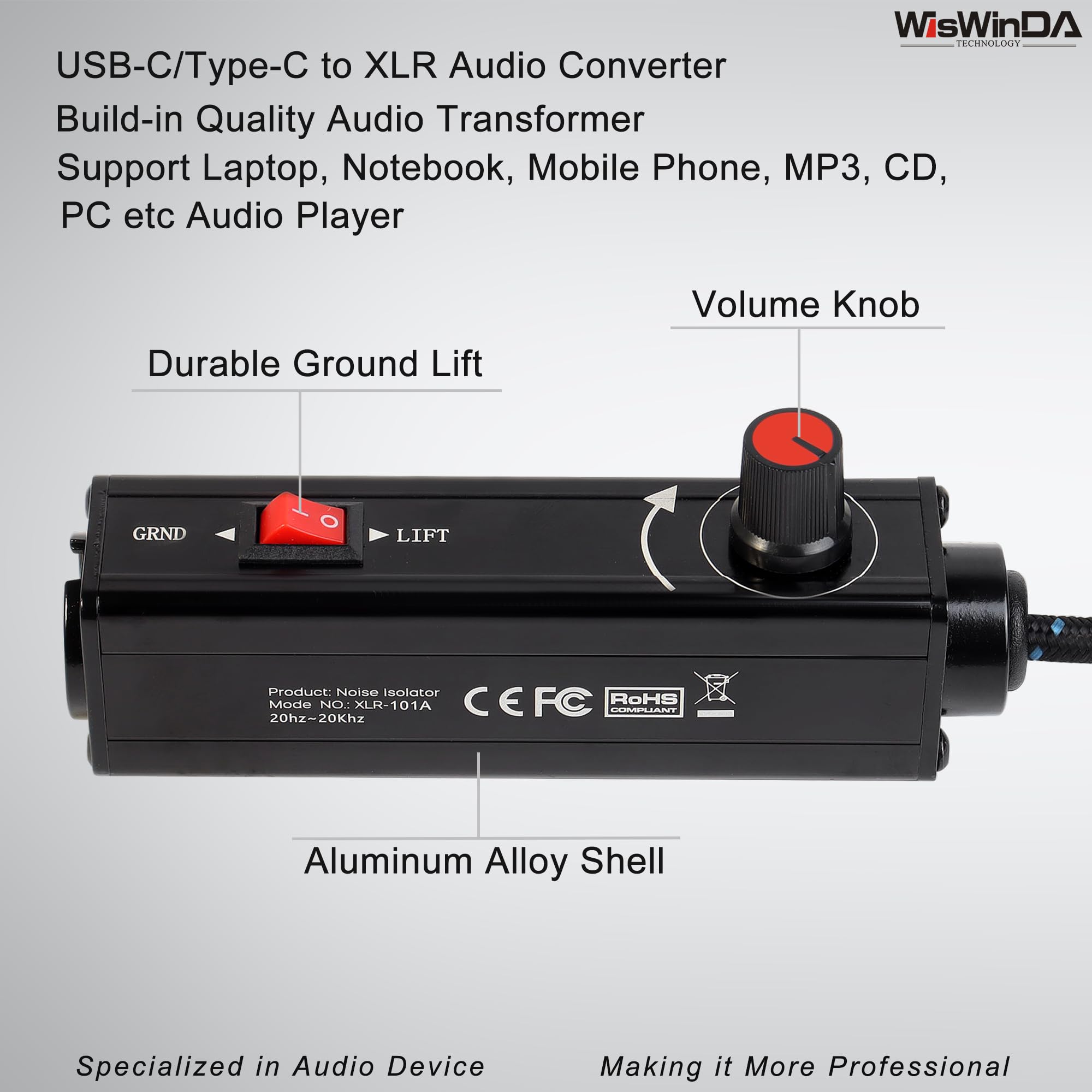WisWinDa Pro101C Type-C/USB-C to XLR Isolation Box with Volume Controller and Ground Lift Switch Build-in Cord Length 3.3ft with USB-C Plug (Pro 101C)