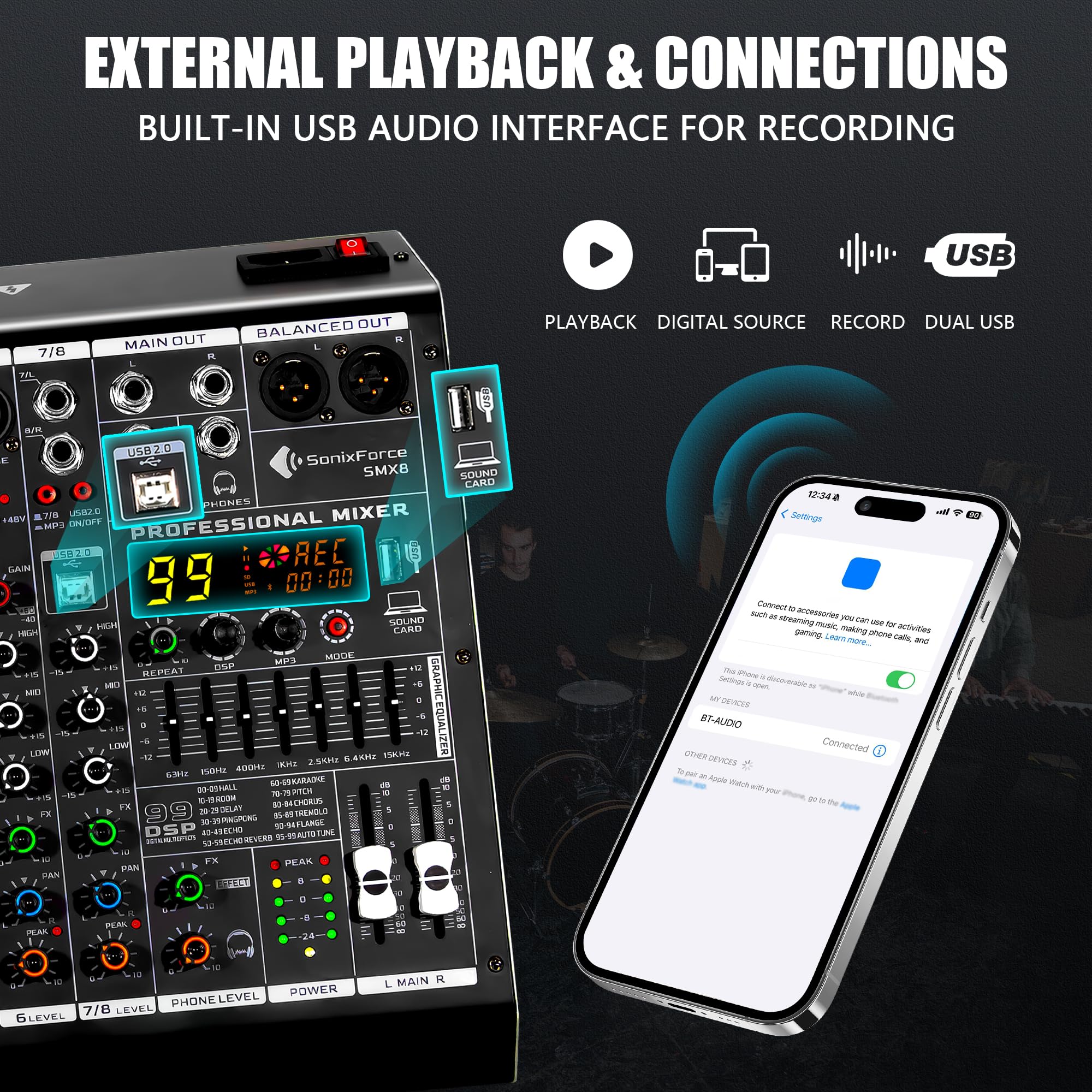 SonixForce 8 Channel Audio Mixer, 99 DSP Effects Sound Board Console