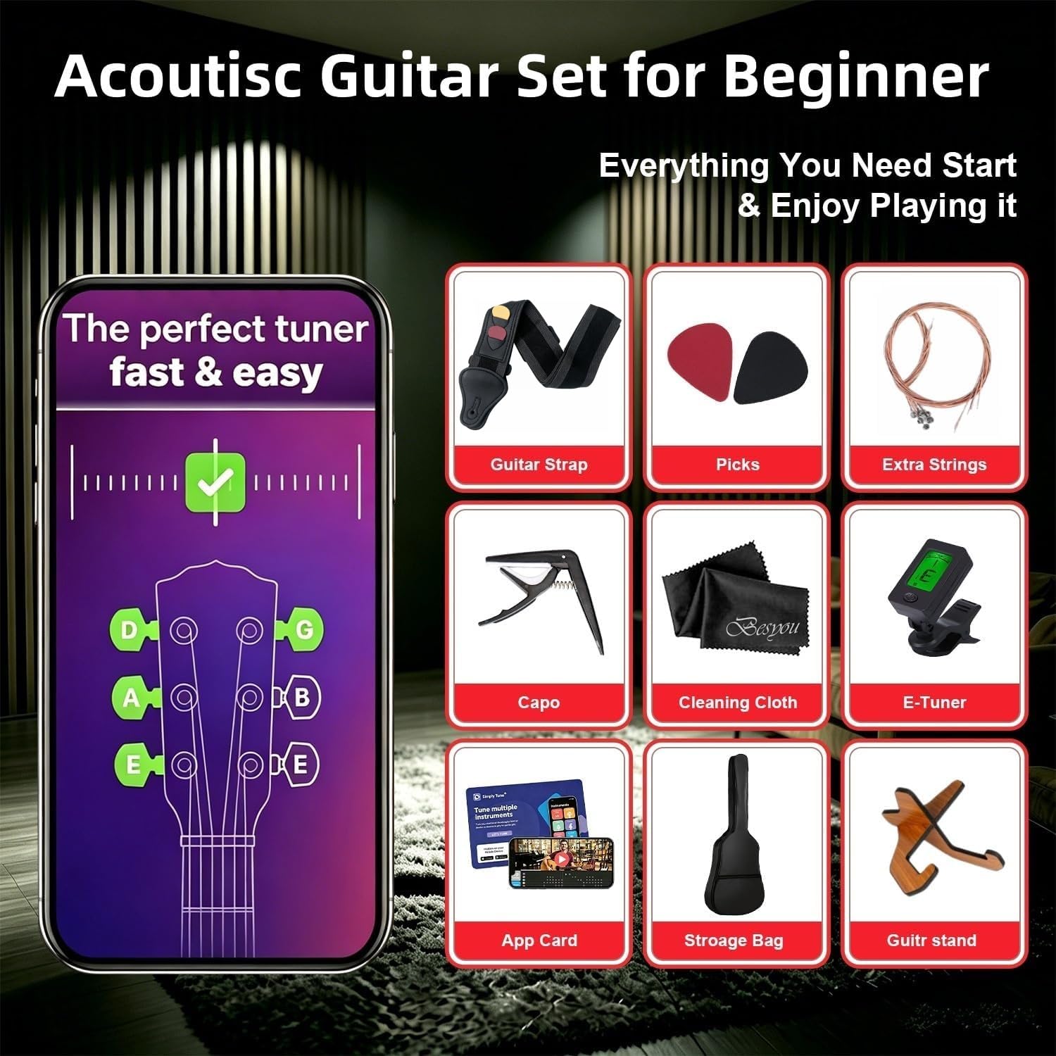 38 inch Acoustic Guitar Beginner Kits, 3/4 Cutaway Wood Acustica Guitarra for Beginners Adults with Online Lesson,Gig Bag,Picks,Steel Strings Strap with Picks Holder