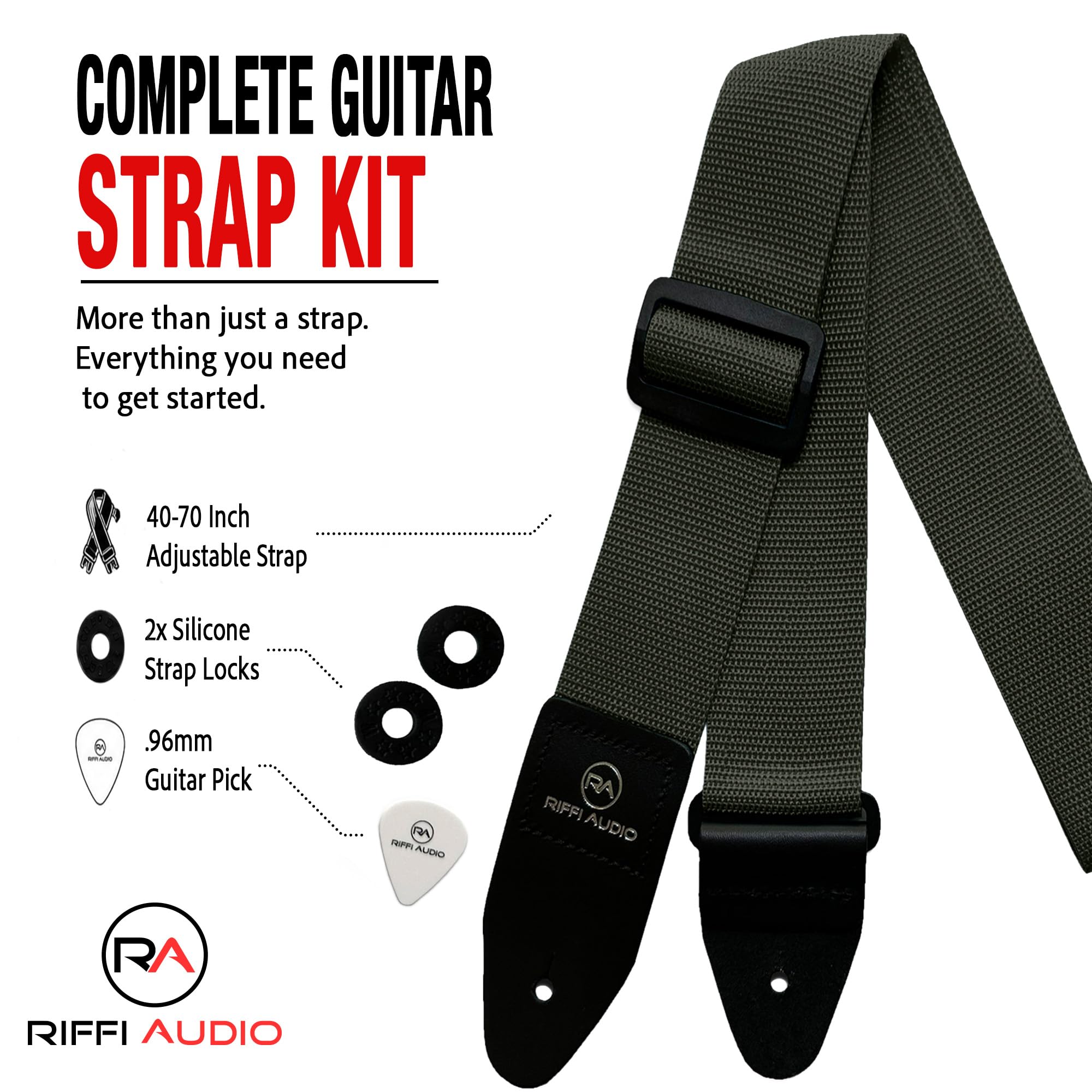 Riffi Audio Lite 1.0 Adjustable 2″ Wide Guitar Strap With Pick & Locks For Acoustic, Electric, And Bass Guitars (Olive Green)