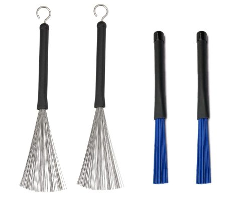 Jiayouy Retractable Drum Brushes Set 1 Pair Drum Wire Brushes and 1 Pair Nylon Brushes set for Cajon Jazz Acoustic Drummer Playing Music Lover