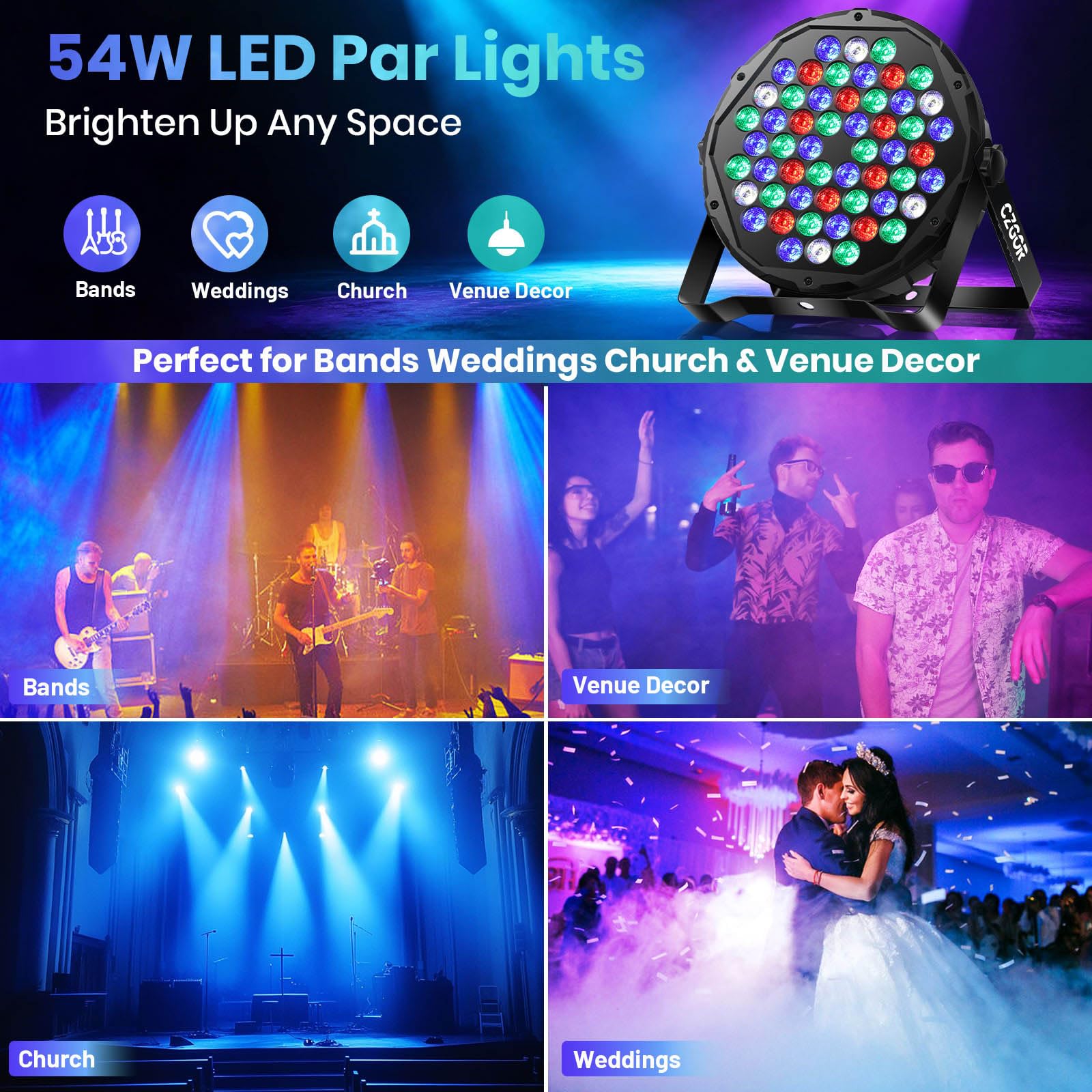54 LED Stage Lights for Parties, 54W RGBW Par Light with Remote & DMX Mode