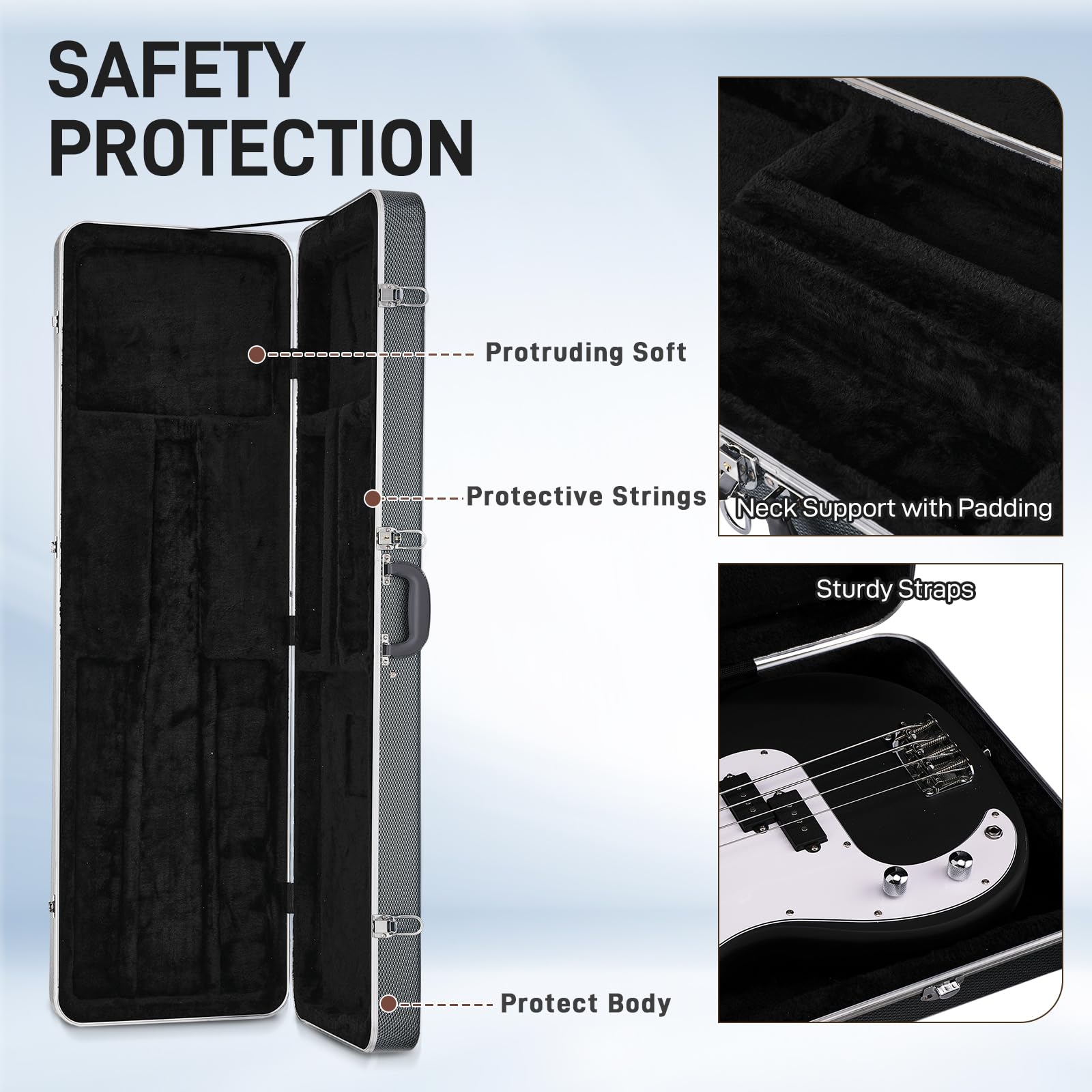 Ktaxon Bass Guitar Hard Case with Lock Latch and Soft Padding, Grey