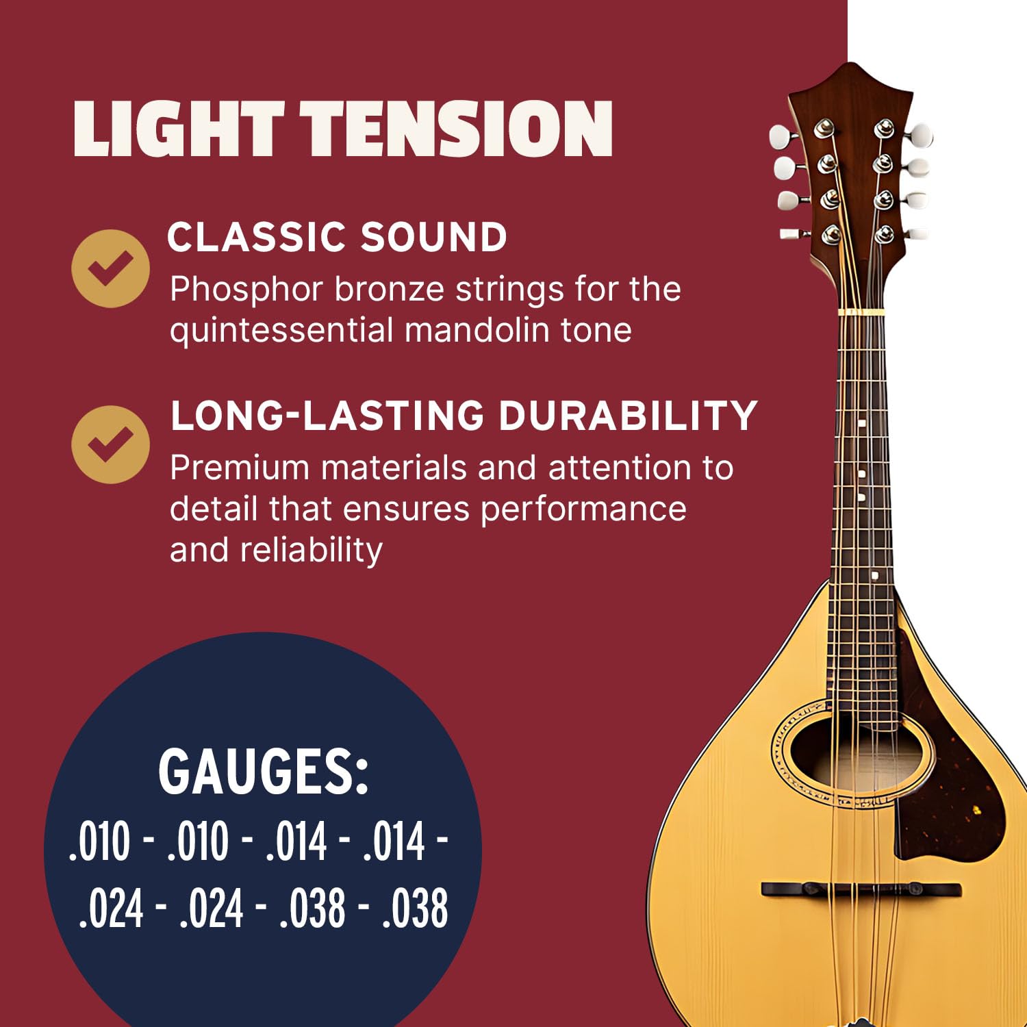 Stringjoy NB1038 Naturals Phosphor Bronze Mandolin Strings, (Light Gauge – 10-38)
