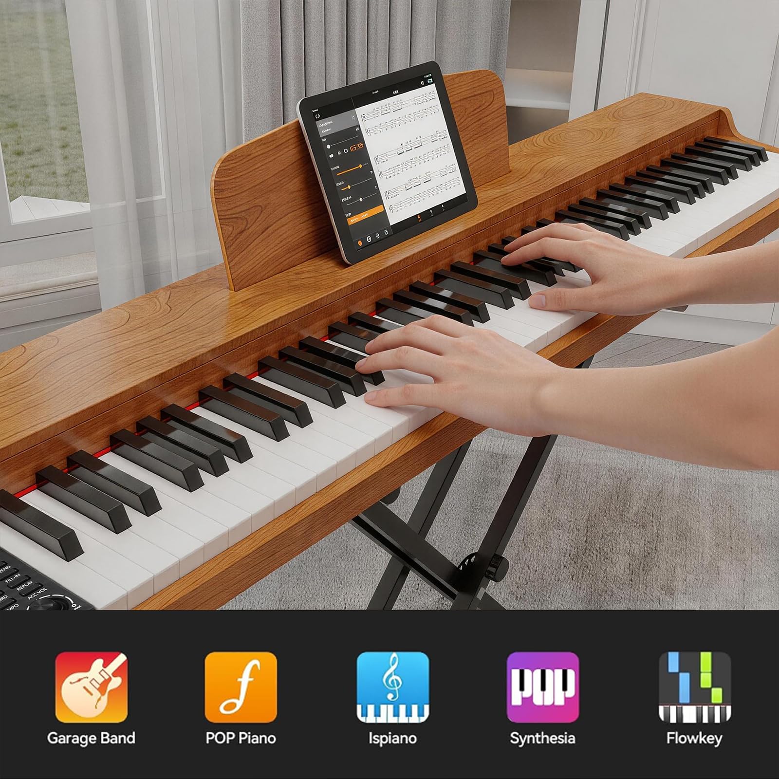 88 Key Weighted Keyboard Piano with Sustain Pedal, Power Adapter & Sheet Music Stand – Home Digital Piano, Brown (Keyboard Only)