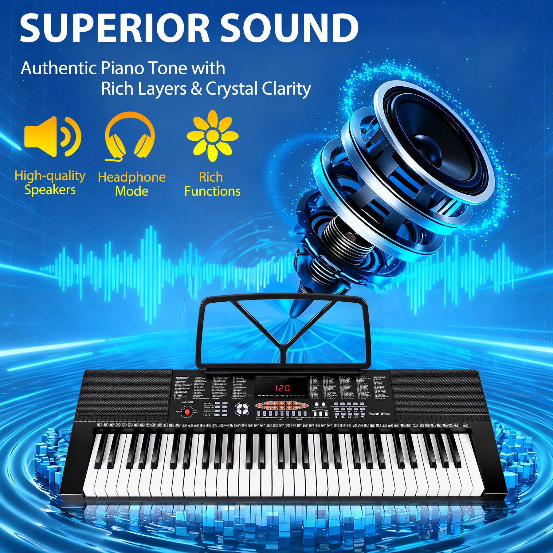 Smartxchoices 61-Key Electronic Keyboard Piano Stand Portable LED Display Keyboard Kit with Adjustable Stand, Adjustable Stool, Headphones, Microphone & Music Rest