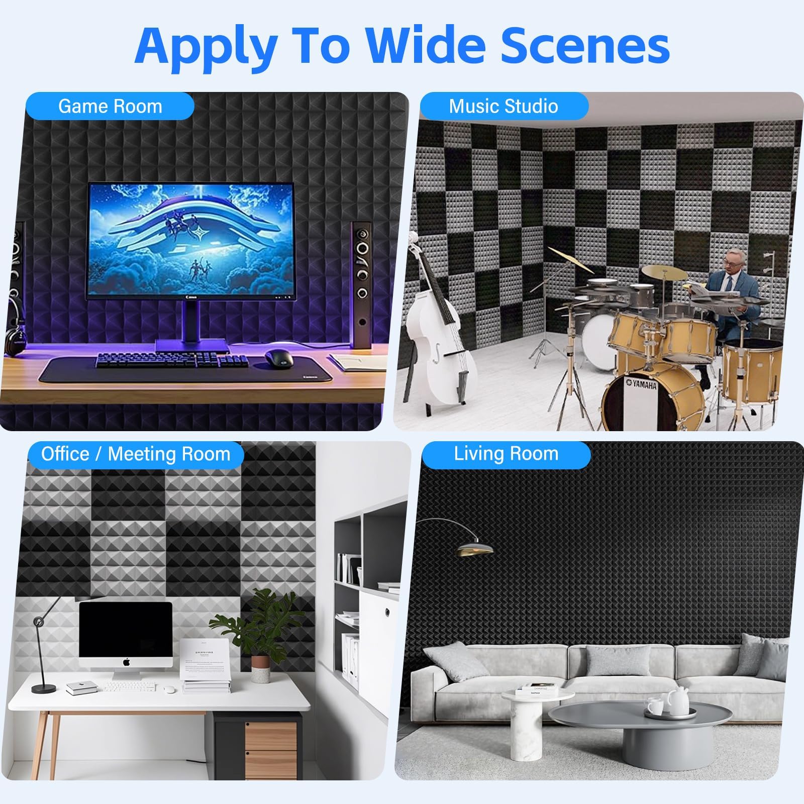 Pyramid Sound Proof Foam Panels 12 Pack, Bwaliffury High Density Self-Adhesive Sound Absorbing, 12″ X 12″ X 2″ Fire Resistant Acoustic Foam Panels, Sound Panels, Studio Foam for Wall, Ceiling (Grey)