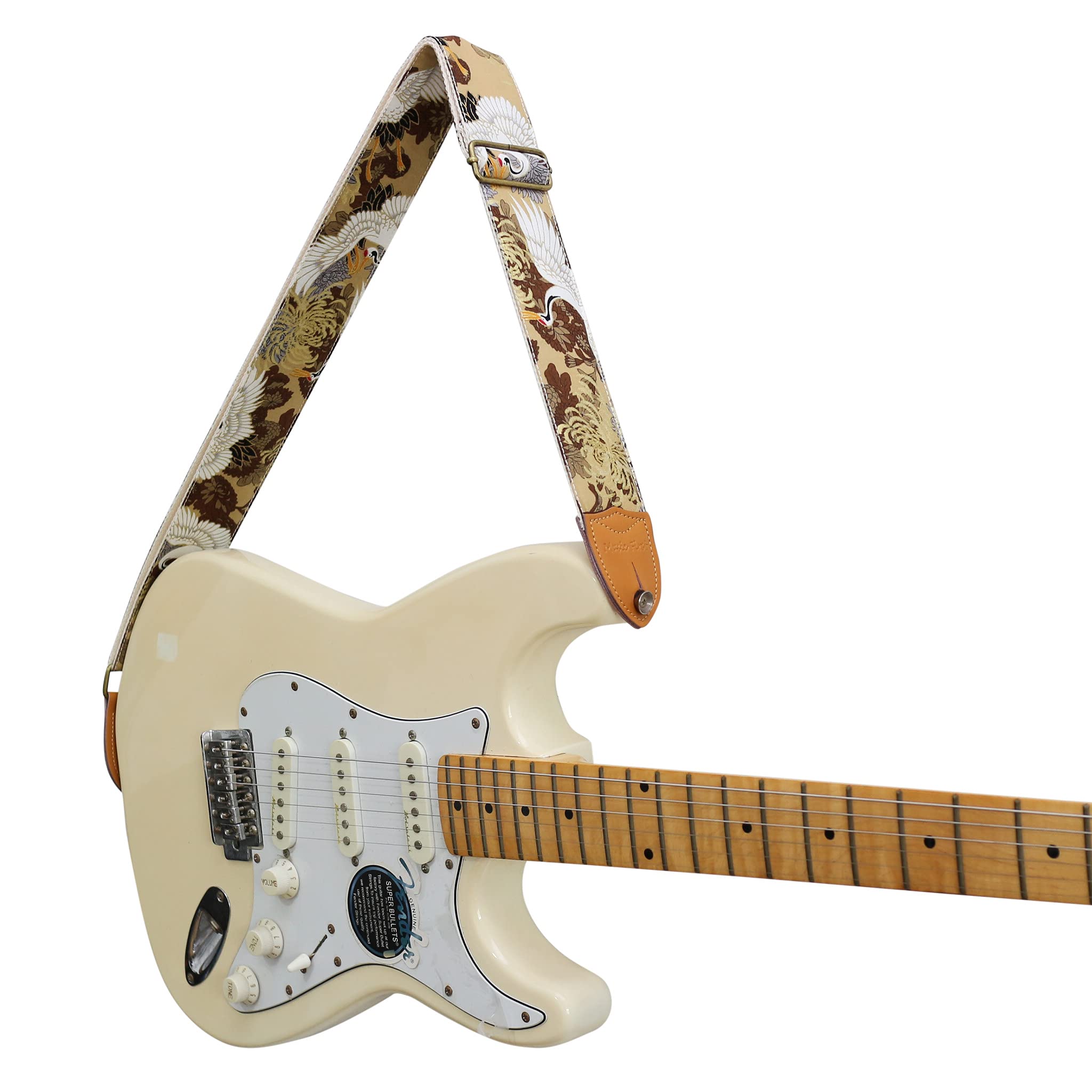 MUSIC FIRST Original Design, 2 inch width (5cm), Vintage Ukiyoe Style Chrysanthemum & Crane in Tan Electric Guitar Strap Bass Strap (Chrysanthemum & Crane in Tan)