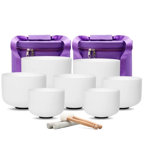 Hye-eun 432hz 7pcs Crystal Singing Bowl Set Sound Bowls Set with Carrying Case for Yoga Sound Healing (7-12inch 440hz White 7pcs)