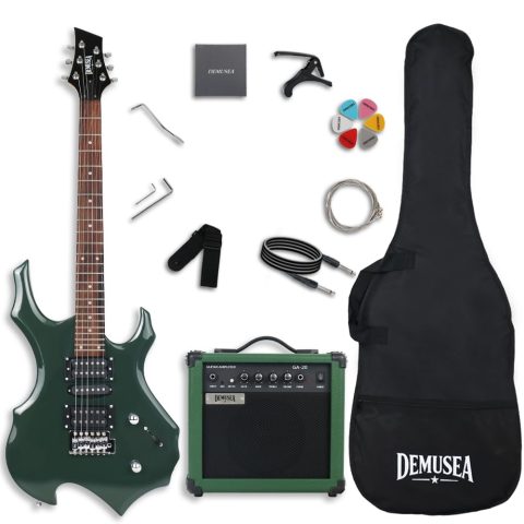Dark Green Unique Shape Electric Guitar With 20W Amplifier Kit HSH Pickup Single Tremolo Maple Neck Phoenix Boody All In One Practice Beginner Starter (FIRE, Dark Green)