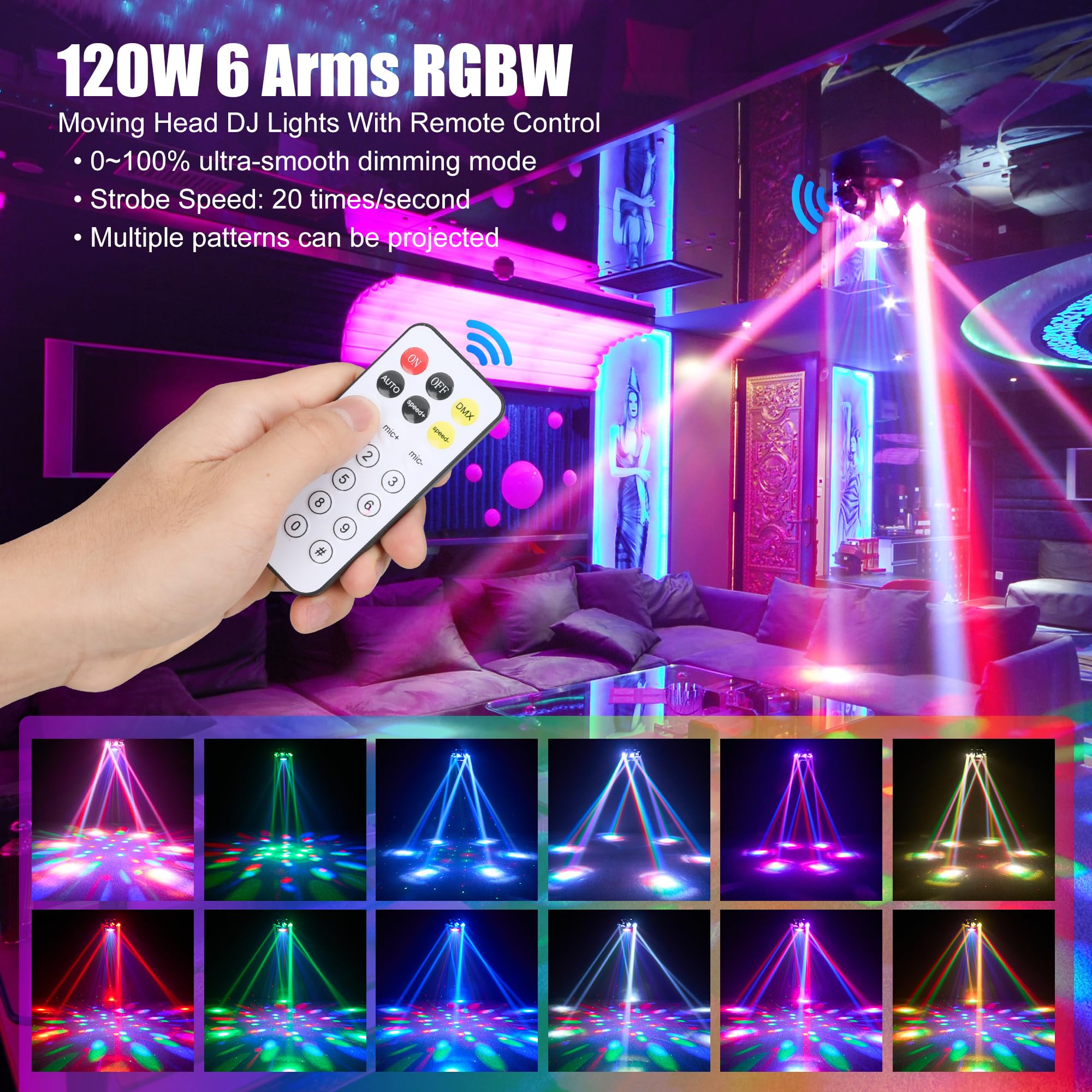 Sklydron Moving Head DJ Lights with Abyss Tunnel Beam Effect,540°X & 180°Y Multi-head rotating beam,6-Arm Stage Lights with Ring Light Supports Starlight,Sound Activated for Disco Club Wedding Party