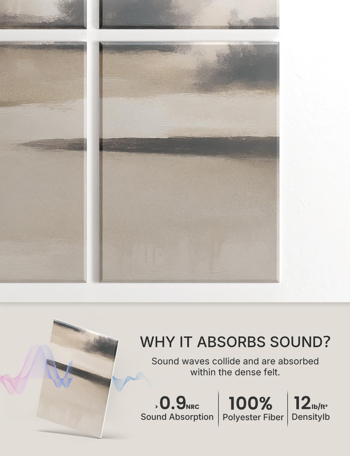 Wall Art Acoustic Panels,47”X31”Sound Absorbing Panels-8-Pack with 50 Adhesive Tabs, Decorative Sound Absorbing Panels for Living Room and Recording Studio, Offices-Mist Reflections