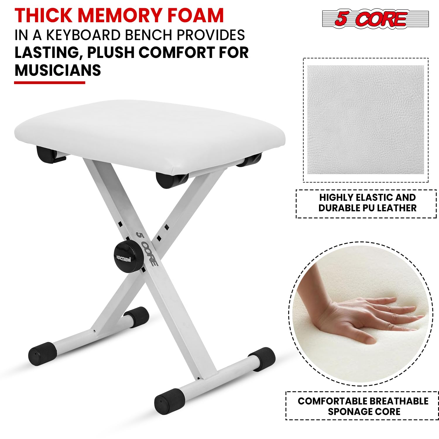 5 CORE Keyboard Bench X Style Padded Cushion Height Adjustable Piano Stool Seat Portable Keyboard Chair for Keyboards Digital Piano White – KBB 02 WH