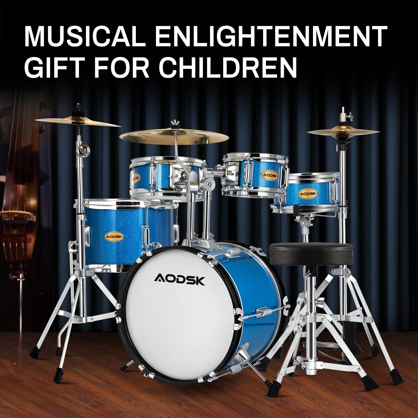 AODSK 5-Piece 14 Inch Beginner Drum Set with Throne, Cymbal Hi-Hat+Sticks