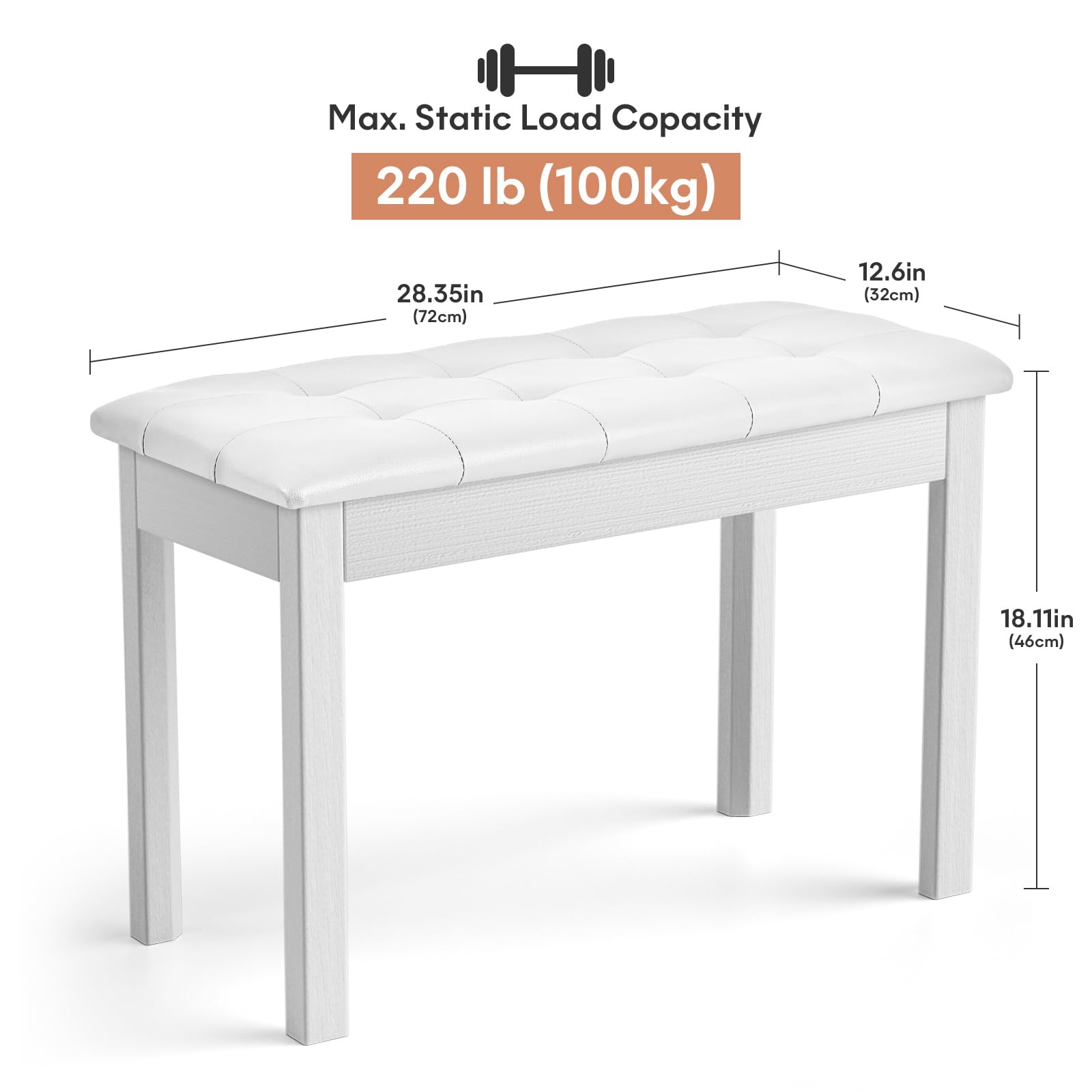 ZHRUNS Duet Piano Bench Wooden Keyboard Bench with Storage Compartment, 29” White Piano Chair Seat with Padded Cushion