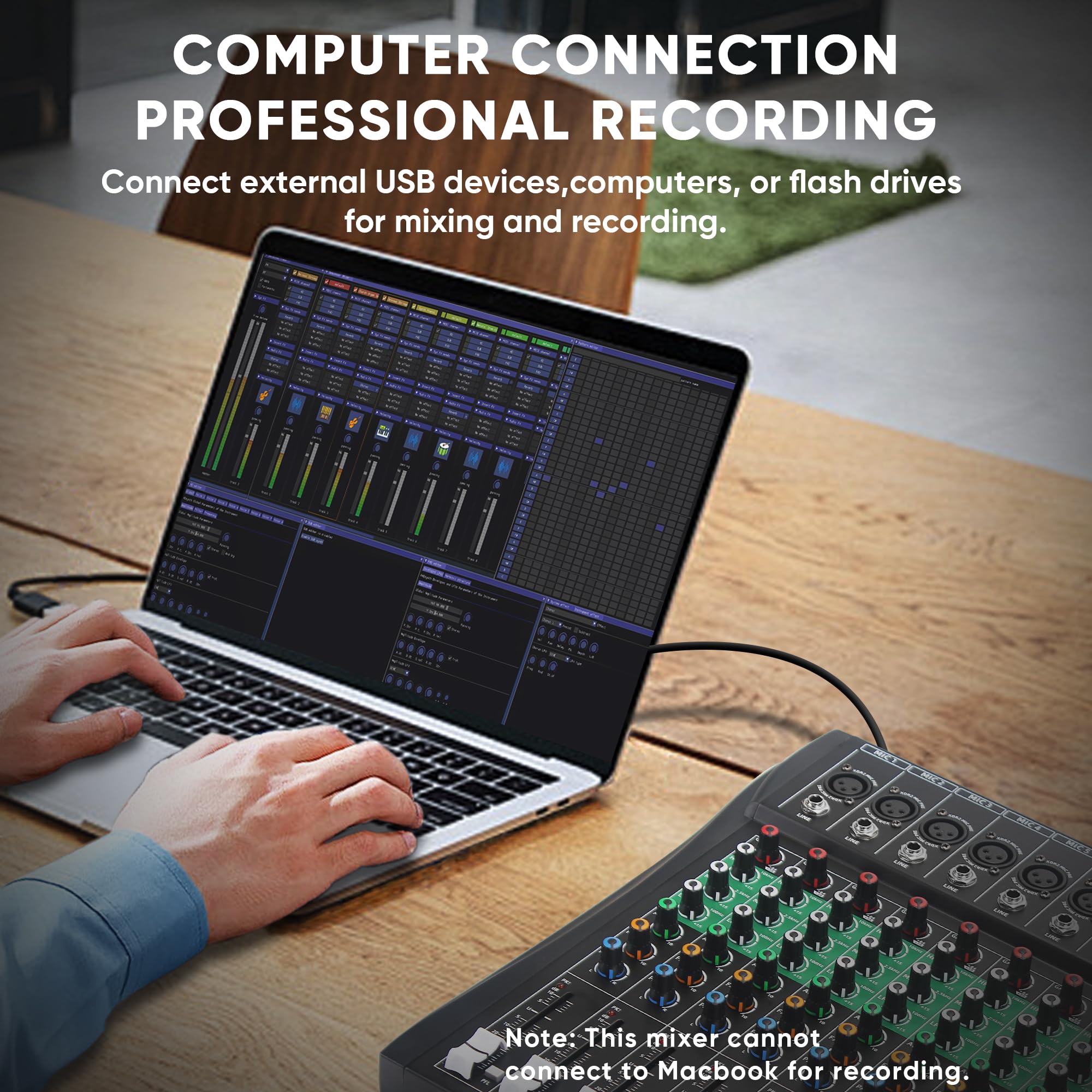 MIZISNR 8 Channel Audio Mixer, Professional DJ Mixer Board Sound Music Mixing Console Digital Mixer with Reverb, Bluetooth, USB Port, 48V Phantom Power for Recording Karaoke Podcasting