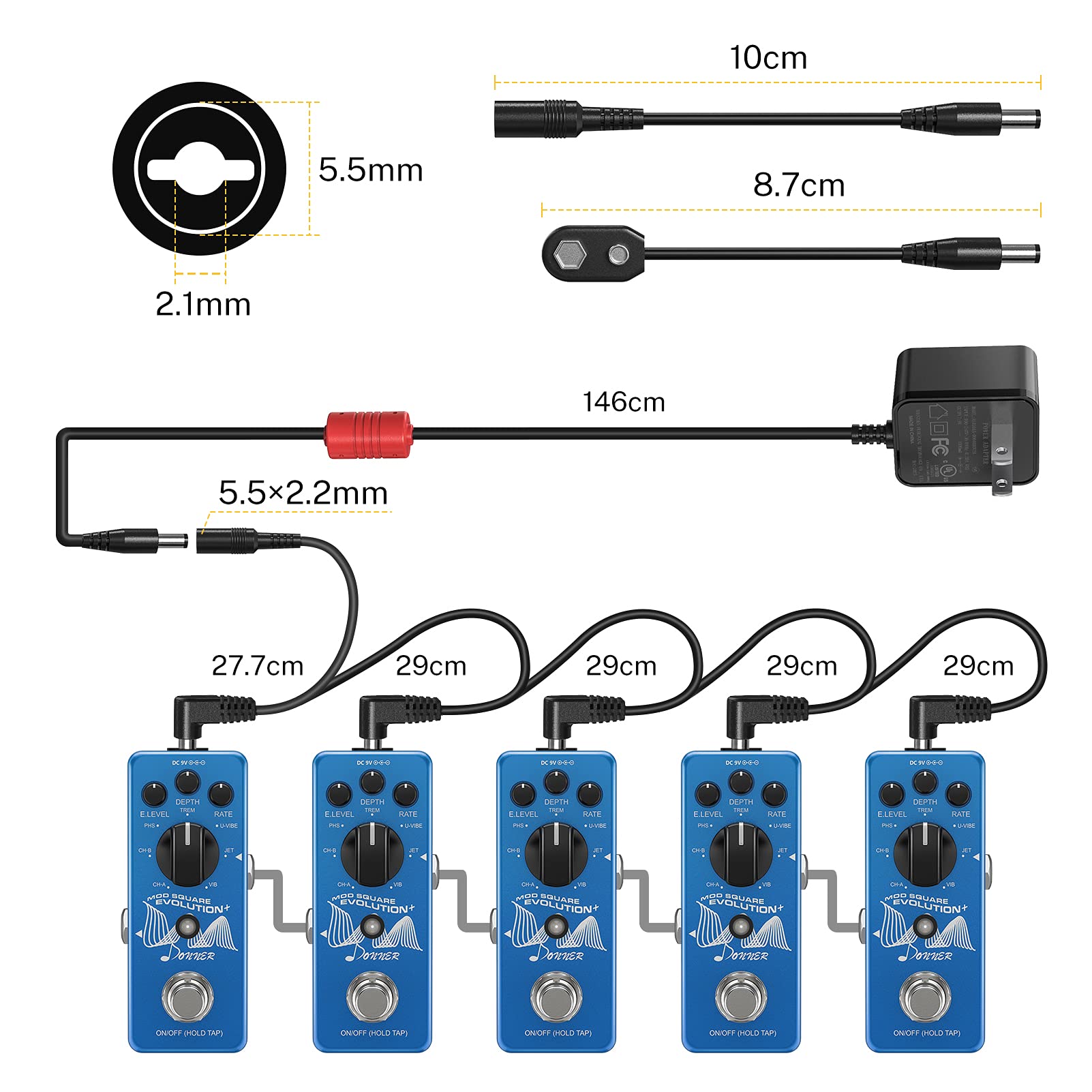 Donner DPA-100 9V DC 1A Power Supply Adapter for Keyboards & Guitar Pedals
