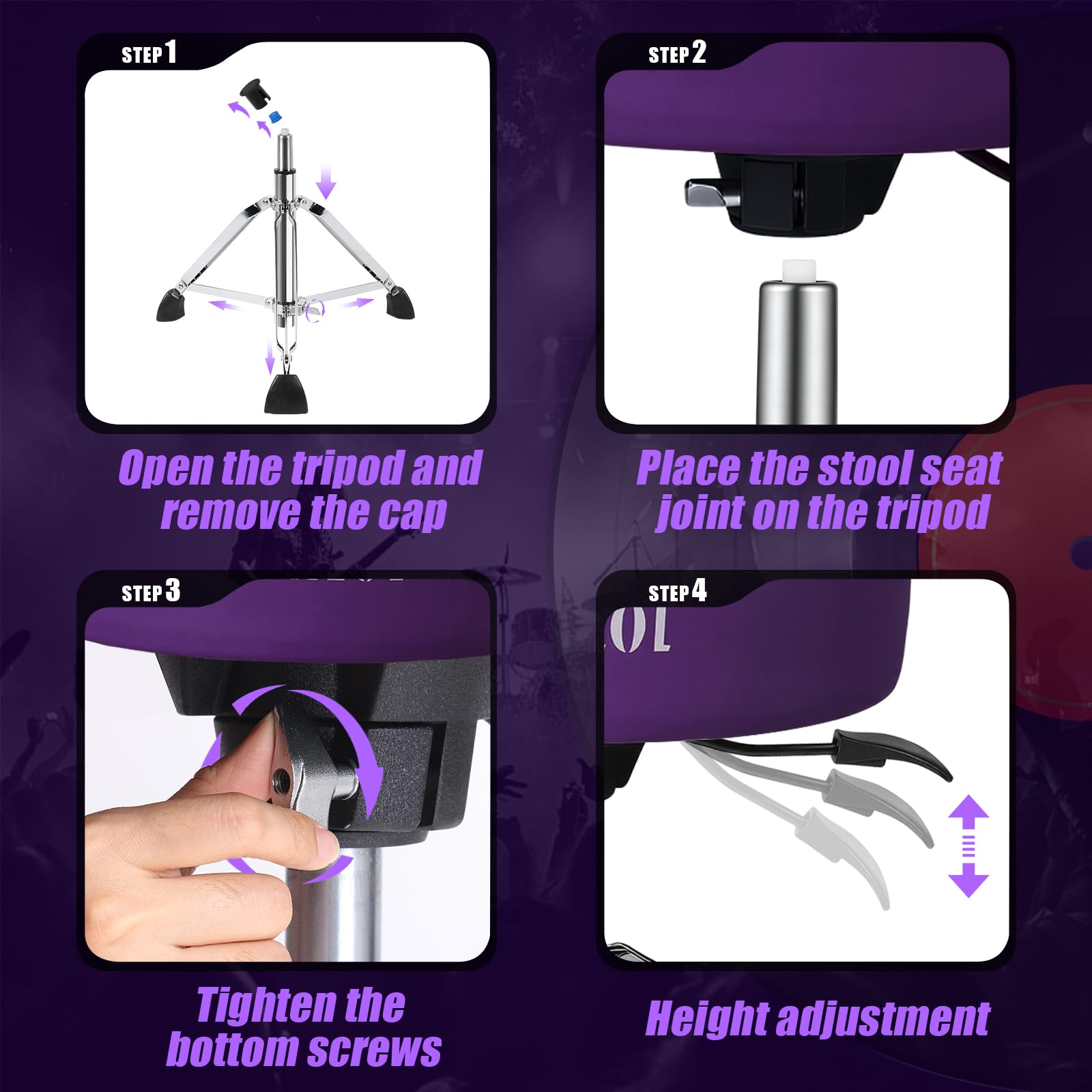 AKLOT Drum Throne, Hydraulic Round Drum Stool, 4.1in Memory Foam Seat, Adjustable Heavy Duty Chair 440 lbs Capacity for Adult Drummer Drum Set Practice, Recording and Live Performance Purple