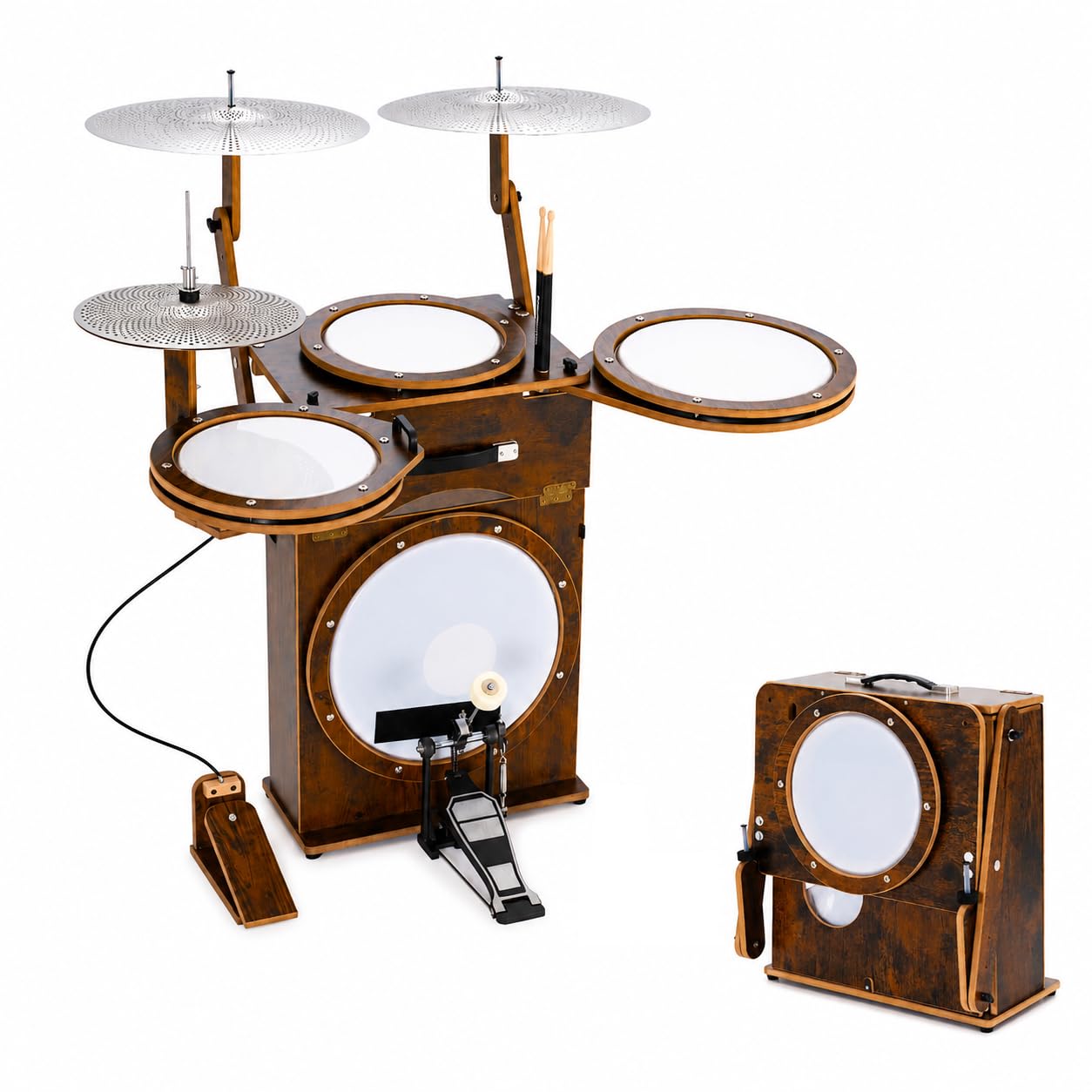 Portable Drum Set for Adults & Teens, Foldable All-in-One Practice Drum Kit with Bass Drum, Snare, Toms, Cymbals, Kick & Hi-Hat Pedals, Compact Drum Set for Home, Studio & Travel by Suttaya