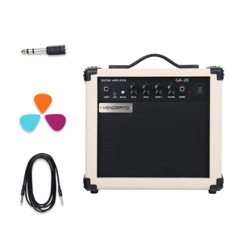 Electric Guitar Amplifier 20w amp Cream White Color gain bass Treble 3.5mm aux in Drive 6.5mm Guitar Input Headphone Portable for Beginner Starter Practice Travel amp noiseless Cable Pick and Adapter