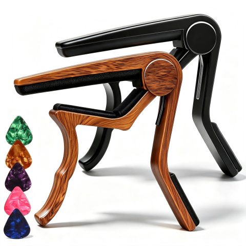 Guitar Capo for Acoustic Electric Guitars, 2PC Capo Guitar Clamp Kapo with 5 Picks, Unique Design for Bass Guitar Ukulele, Wood & Black