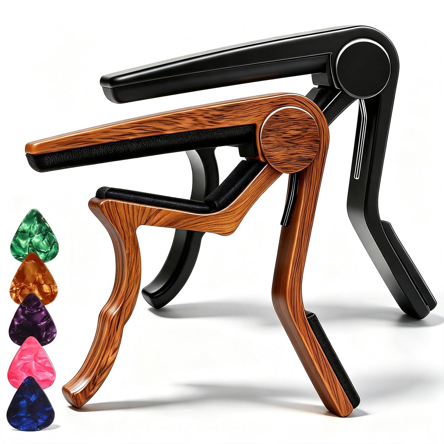 Guitar Capo for Acoustic Electric Guitars, 2PC Capo Guitar Clamp Kapo with 5 Picks, Unique Design for Bass Guitar Ukulele, Wood & Black