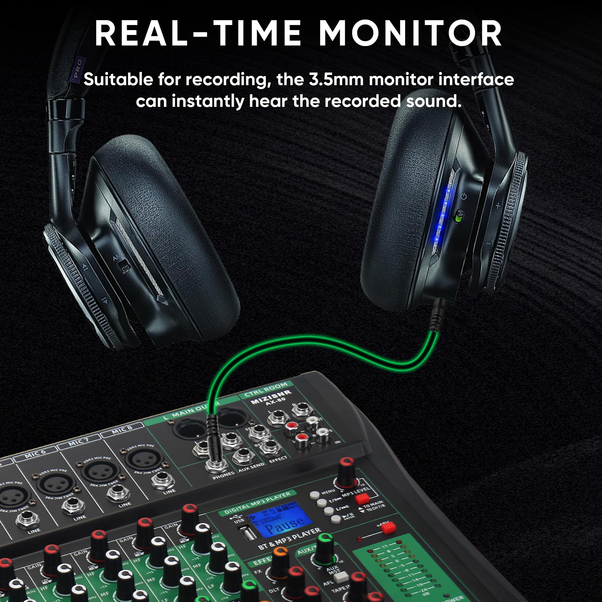 MIZISNR 8 Channel Audio Mixer, Professional DJ Mixer Board Sound Music Mixing Console Digital Mixer with Reverb, Bluetooth, USB Port, 48V Phantom Power for Recording Karaoke Podcasting
