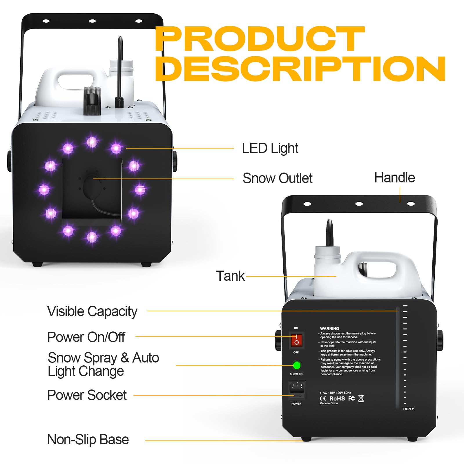 UPGREY 1500W Snow Machine for Outdoors and Indoors, Fake Snow Maker for Party with LED and Remote Controller