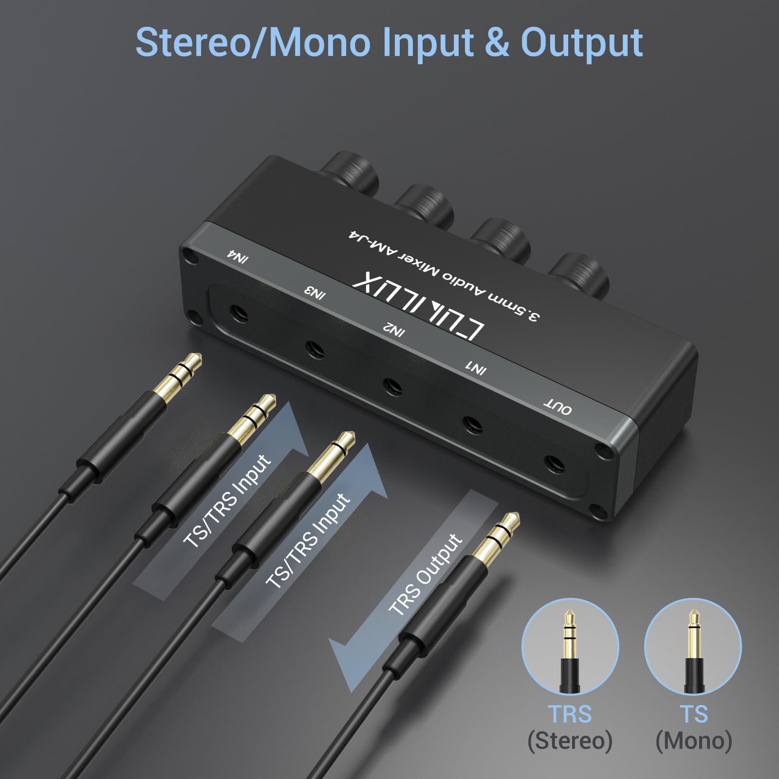 Cubilux 4-Channel 3.5mm Audio Mixer, Ultra-Low-Noise Mini Audio Mixer for Sub-Mixing, 1/8 TS/TRS Input, Stereo Switcher Suitable for Guitars, Bass, Keyboards