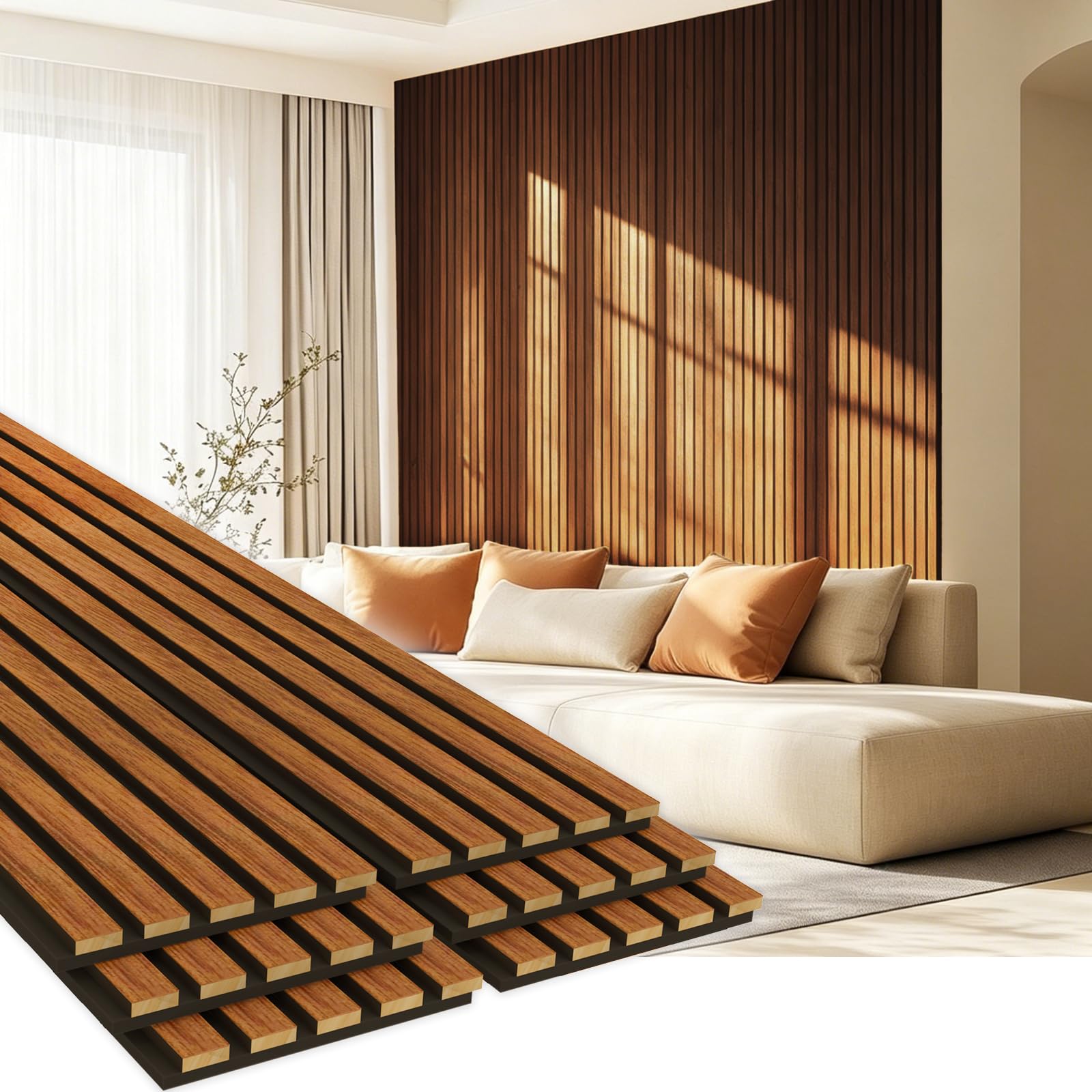EVERECO 6 Pack Wood Slat Acoustic Wall Panels 92.5″ × 7.87″, 3D Sound Absorbing Wall Panels for Home Office Decoration (Luxury Teak)