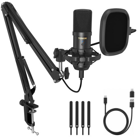 TONOR PC Microphone with Boom Arm Kit for Podcast, Condenser Mic for Computer, Cardioid Pickup, USB Mic with Shock Mount, Pop Filter, Type-C Adapter, for Recording, Singing, Streaming, TC20 AIR