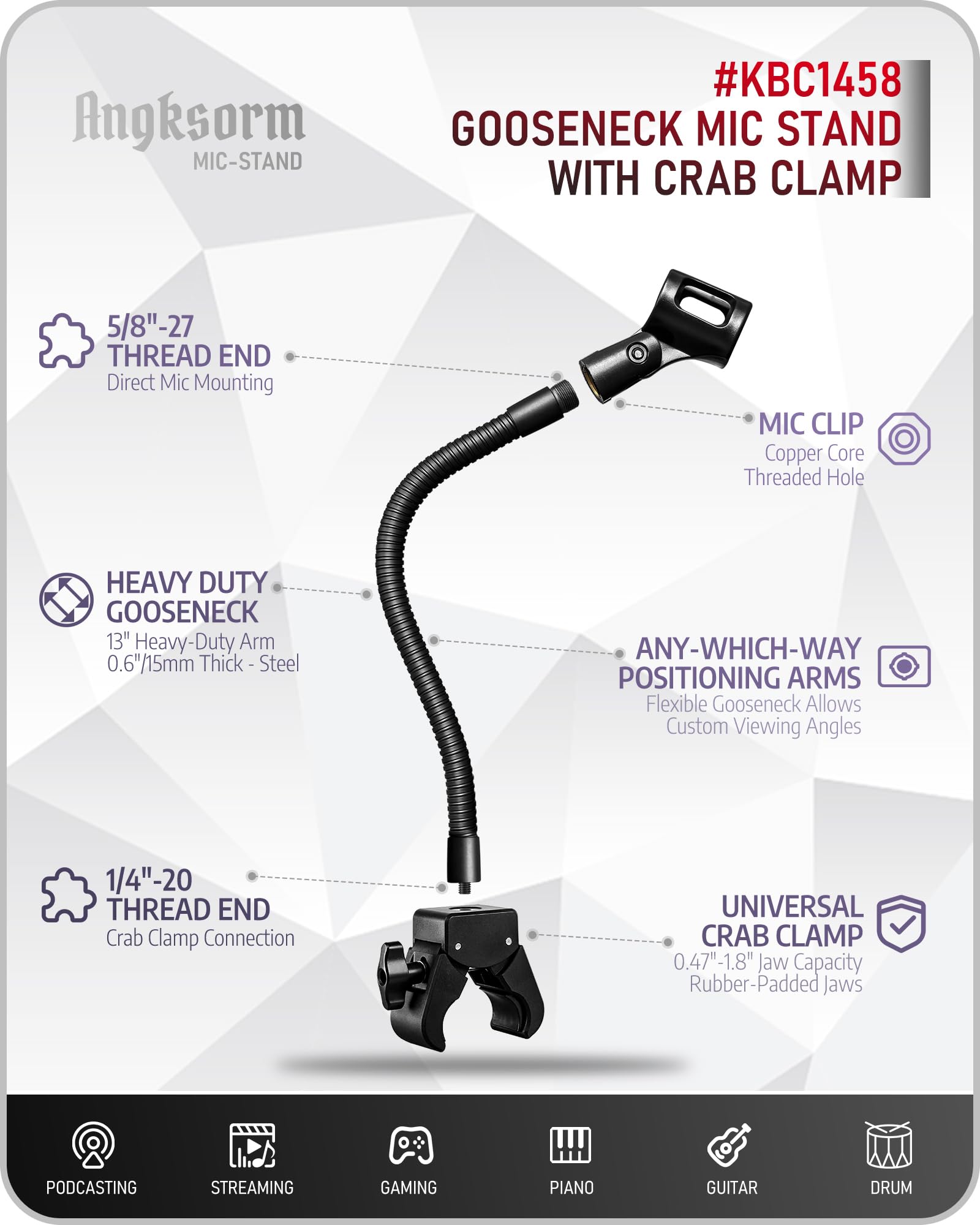 Angksorm KBC1458 Heavy-Duty Flexible Gooseneck Mic Arm with Super Crab Clamp Mount, 19″ Adjustable Microphone Stand Holder for Tripod Podcast, Streaming, Gaming, DJs, Bass Drum, Lectures