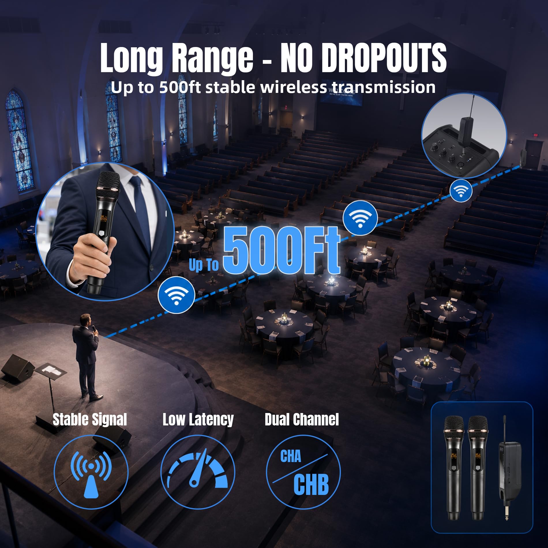 WONATU Wireless Karaoke Microphone, Rechargeable Wireless Microphone System for Singing and Karaoke, 2.4G Handheld Wireless Microphones with Type-C Charging, 500 ft Range, 6.35mm/3.5mm Mic Input