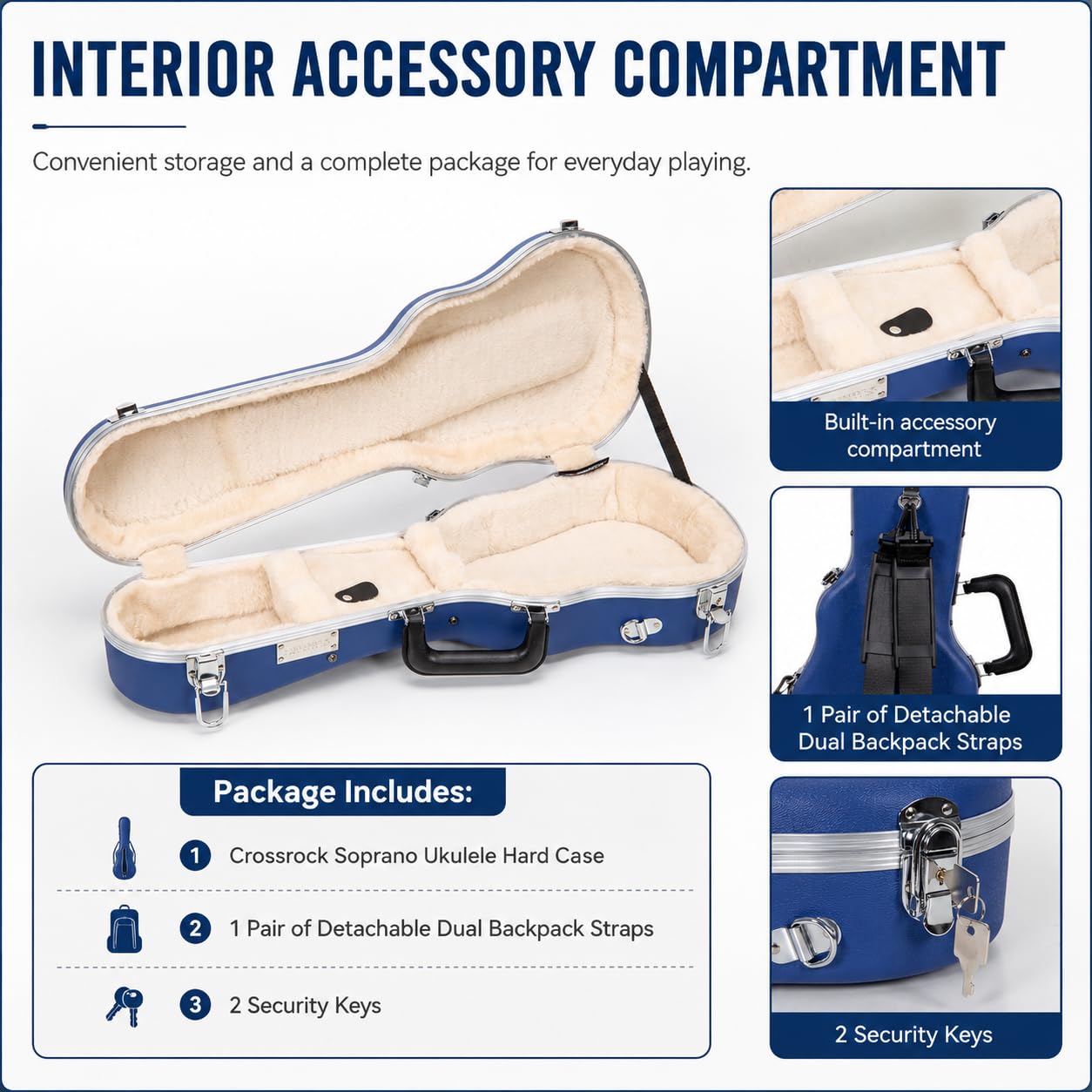 Crossrock Soprano Ukulele Case, Fit for 21 inches | Molded Hardshell with Scratch-Resistant Matte Finish, Security Lock, Accessory Compartment & Shoulder Straps — Vibrant Blue (CRA880SUVB)
