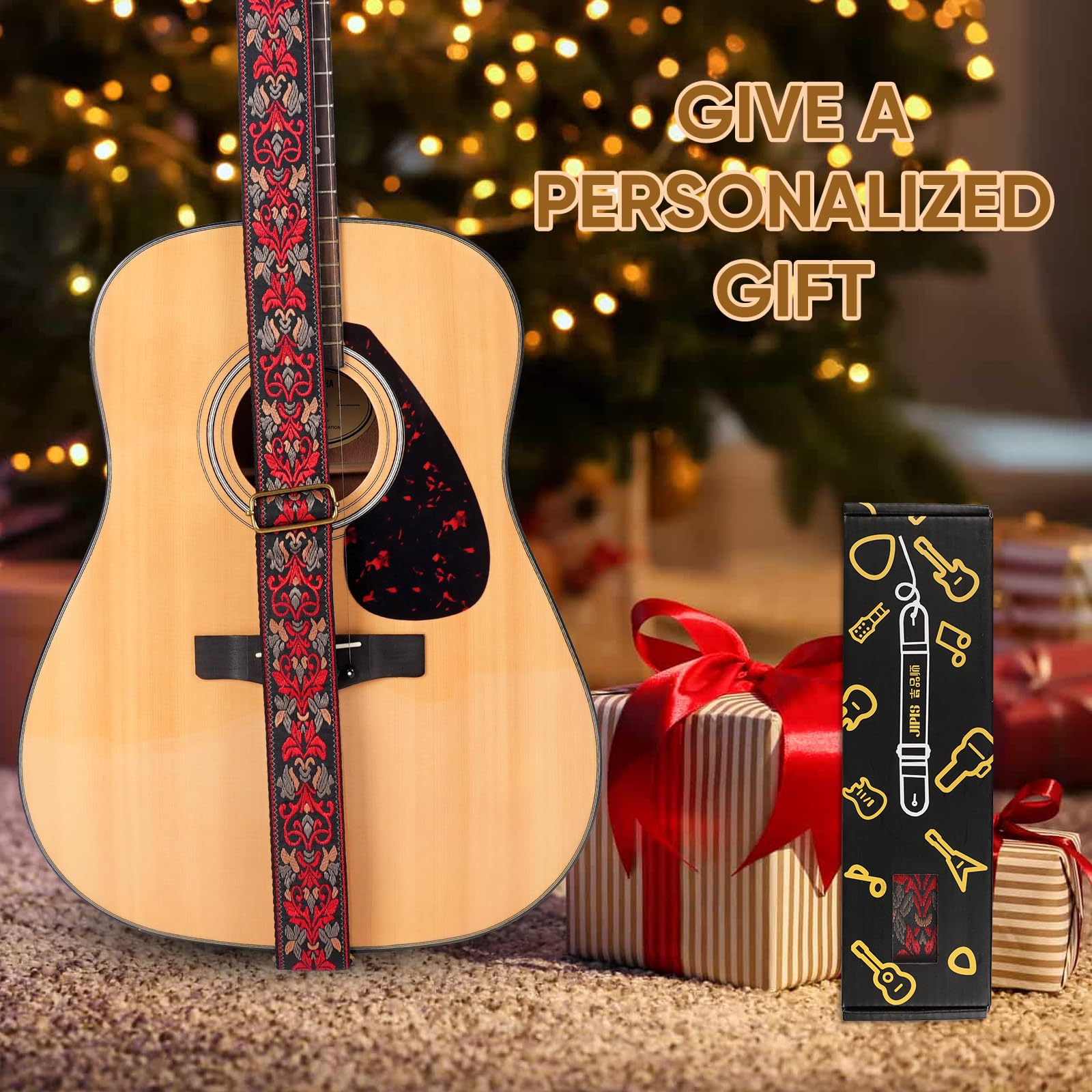 Guitar Strap,Jacquard Cotton Guitar Straps with Real Leather Ends for Acoustic,Electric Guitars and Bass,with Free 1 Head Strap, 2 Anti Slip Buckle and 3 Guitar Picks (GS-75-1 Deep Red Jacquard)