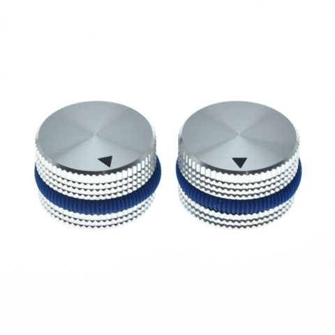 KAISH 2pcs 63/64″(25mm) Diam. Aluminium Potentiometer Knobs 1/4″ Universal Metal Pot Knobs for Guitar/Bass/AMPS Amplifier/Power Amplifier/Preamps/Audio Equipments Silver with Blue Rubber o-ring