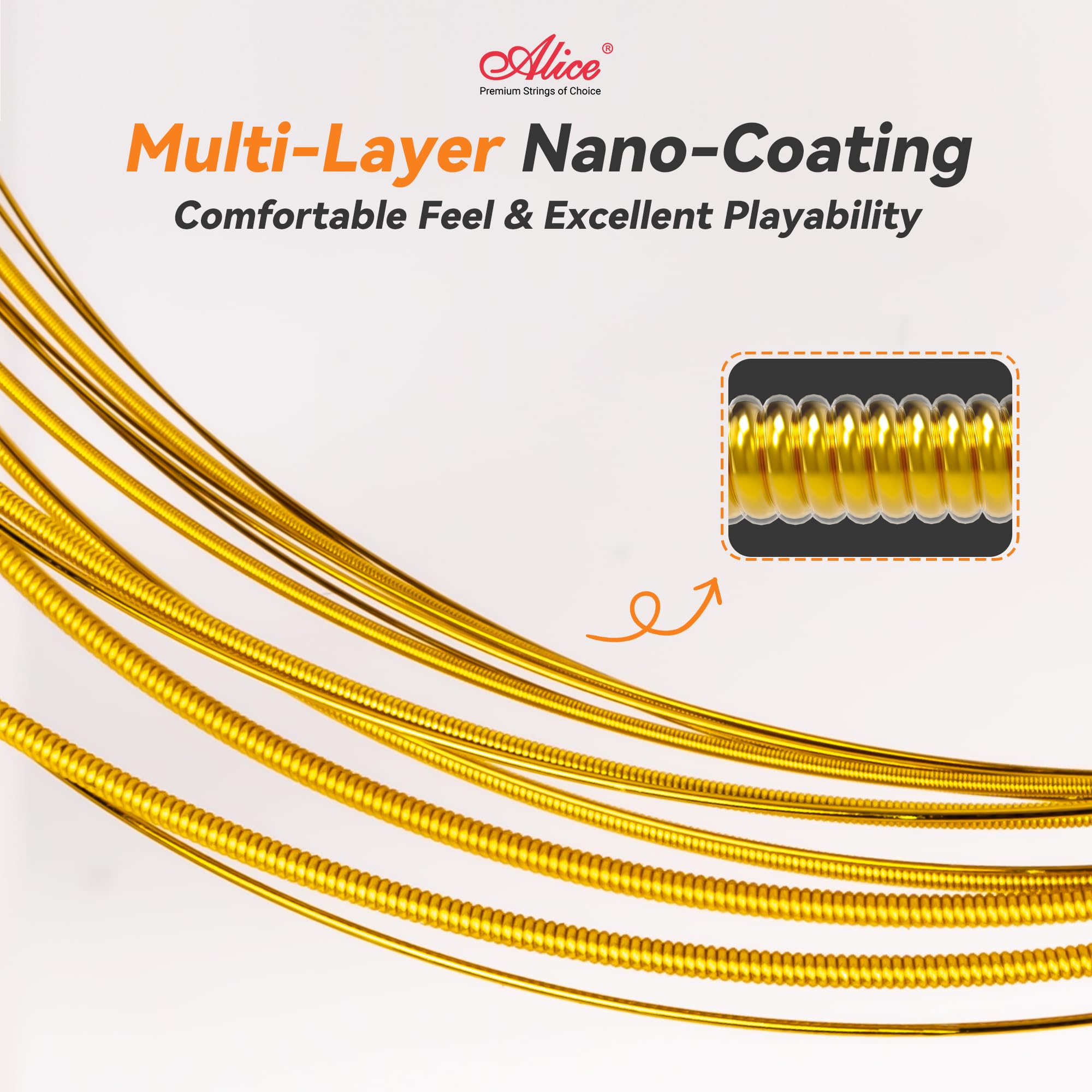 Alice Acoustic Guitar Strings 6 String Set | Designed for Professional Concerts | Multi-layer nano-coating | Fully Coated Golden | Phosphor bronze for Classic Warm and Bright tone | Super Light 1 Pack
