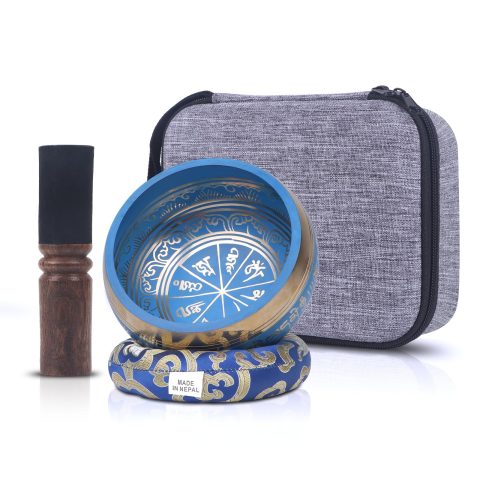 Kmise Tibetan Singing Bowls Set- Handmade in Nepal Meditation Sound Bowls for Yoga, Meditation, Mindfulness, Healing and Chakra Balancing, Stress Relief (5′, Blue)
